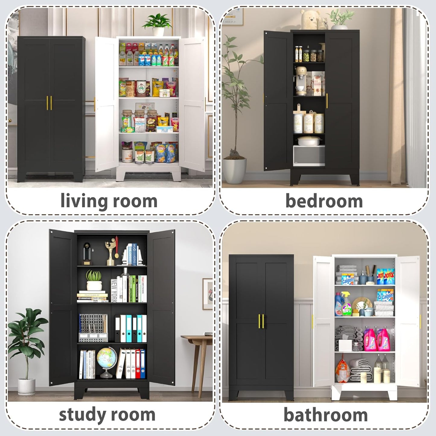 61.02" Kitchen Pantry Cabinet, Pantry Storage Cabinet with 2 Doors and Adjustable Shelves, Black Food Storage for Kitchen, Living Room, Bedroom and Dining Room (Black) Metal Sideboard - Lumora Casa