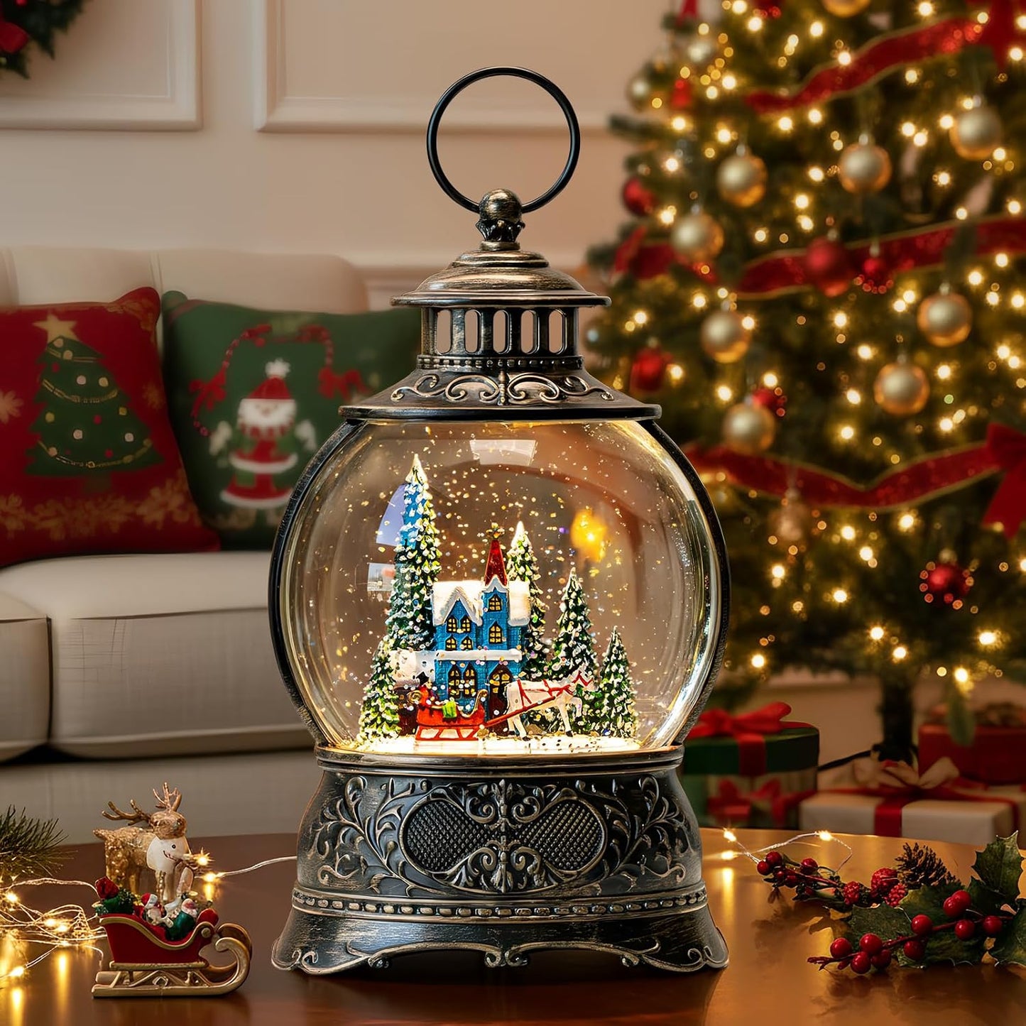 Christmas Snow Globes Christmas Water Lantern with Carriage Blue Church, Music & 6H Timer, USB Lined/Battery Operated Lighted Lanterns for Xmas Festival Decoration Gifts