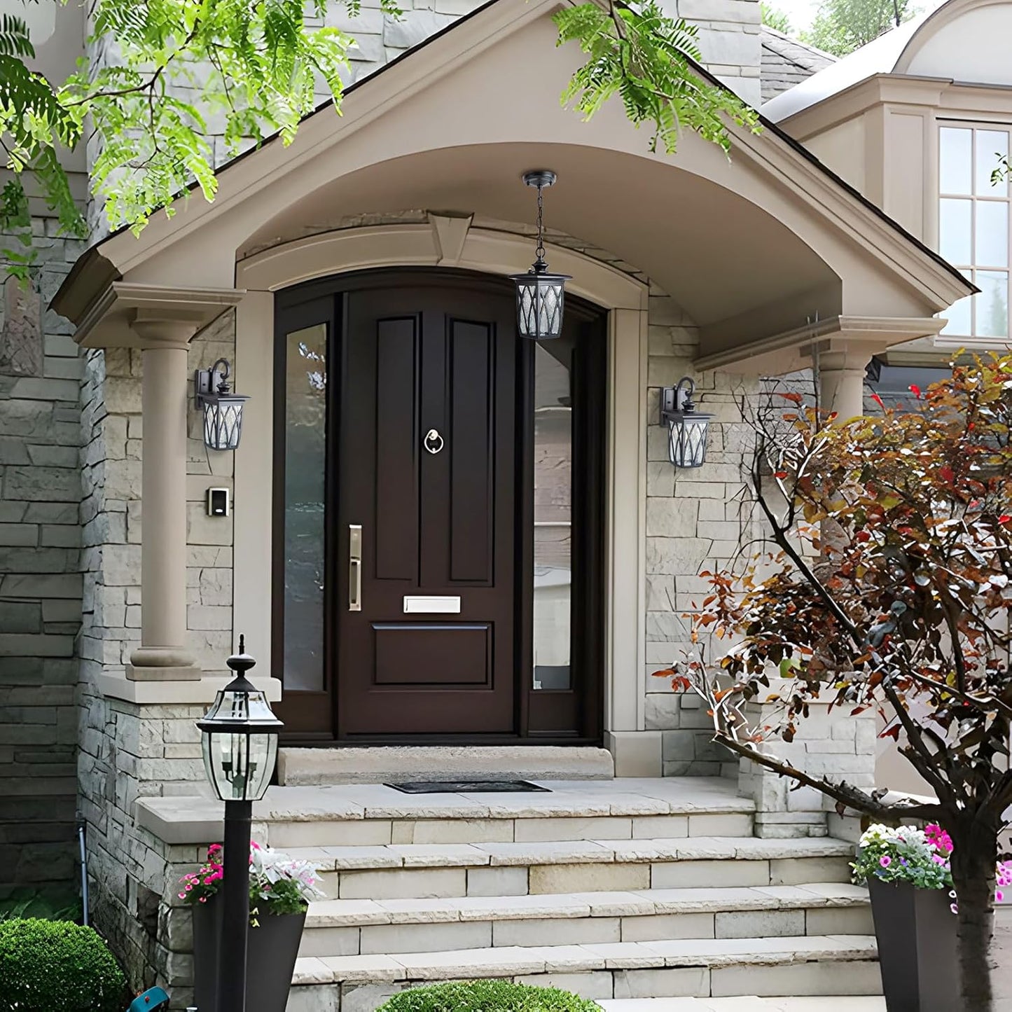 JYZ Dusk to Dawn Outdoor Wall Lantern, Craftsman Style Exterior Sconce Light with Water Ripple Glass, Traditional Porch Light Fixture Wall Mount Lamp for Front Porch Doorway Garage Patio Garden