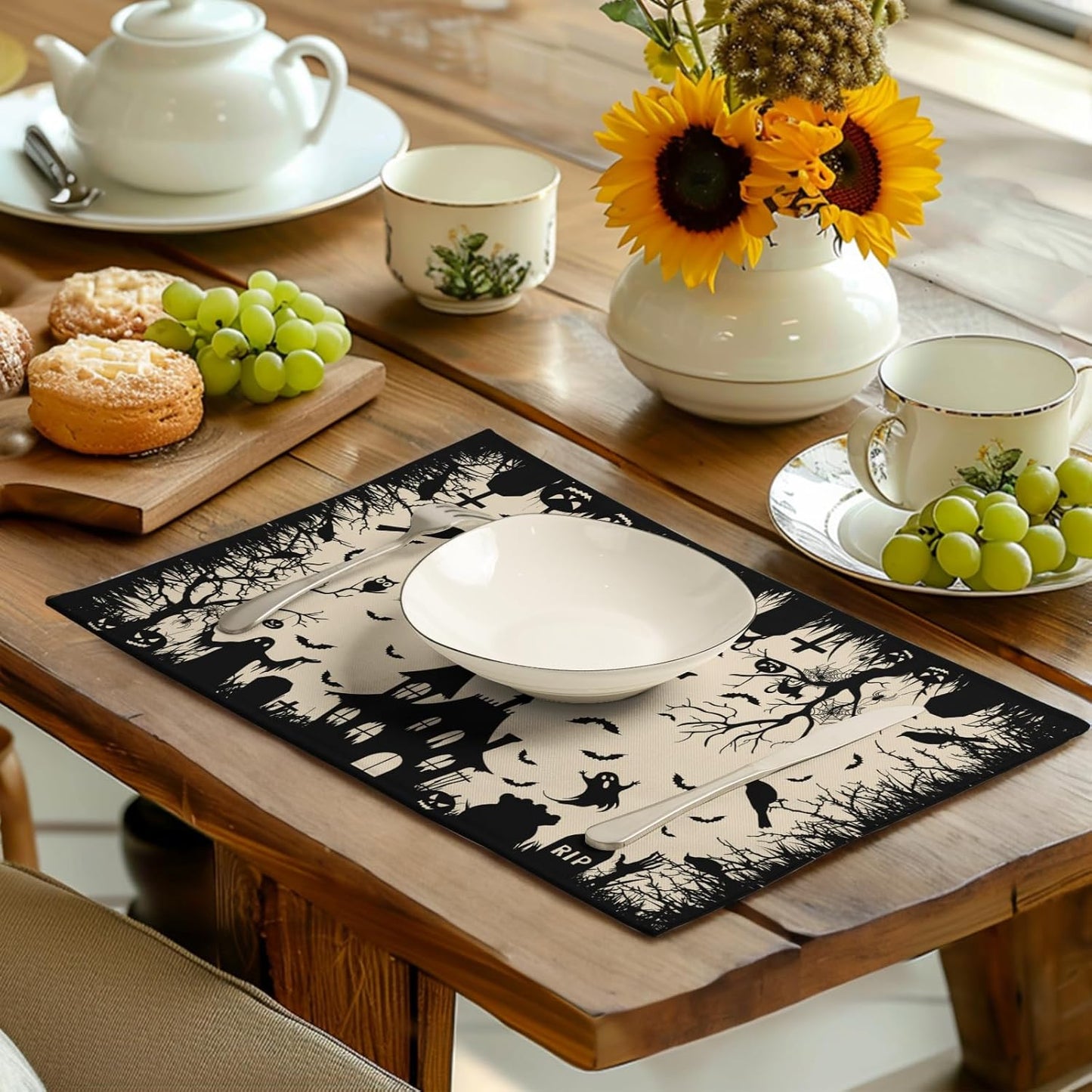 Halloween Placemats 12x18 Inch Set of 4 Black White Witch Castle Ghost Place Mats Spooky Haunted House Bats Tree Crow Table Mat for Party Kitchen Dining Outdoor Indoor Decor