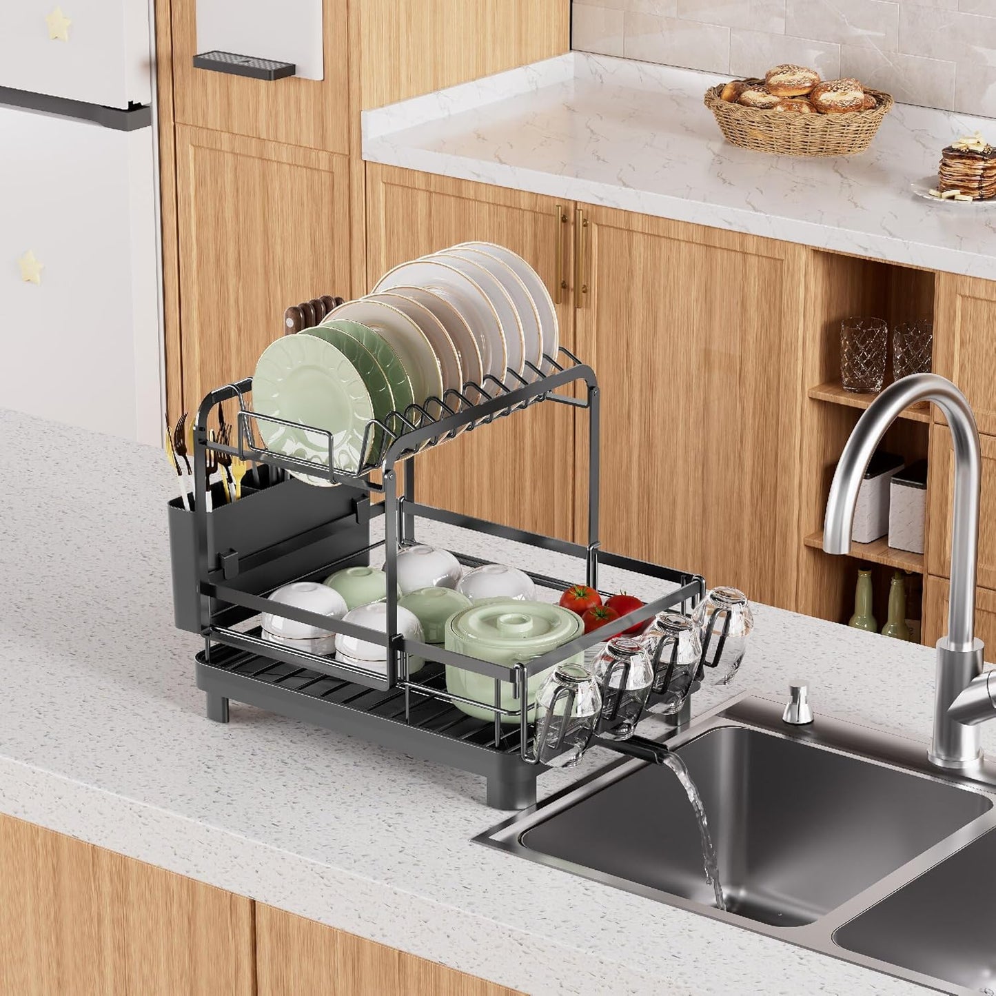 Runnatal 2-Tier Dish Drying Rack, Large Dish Rack with Drainboard Set, Detachable 4-in-1 Large Capacity Dish Drainer Over The Sink Anti-Rust for Kitchen Counter, Black