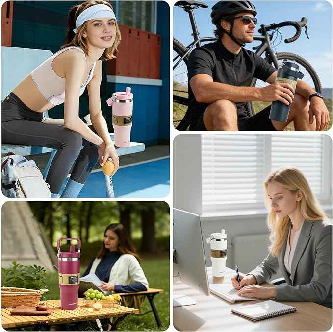 30oz Flip Straw Insulated Tumbler with Handle, Leak Proof Stainless Steel Water Bottle, Double Wall Vacuum Travel Coffee Mug for Cold Drinks, Gym Office Travel Essentials