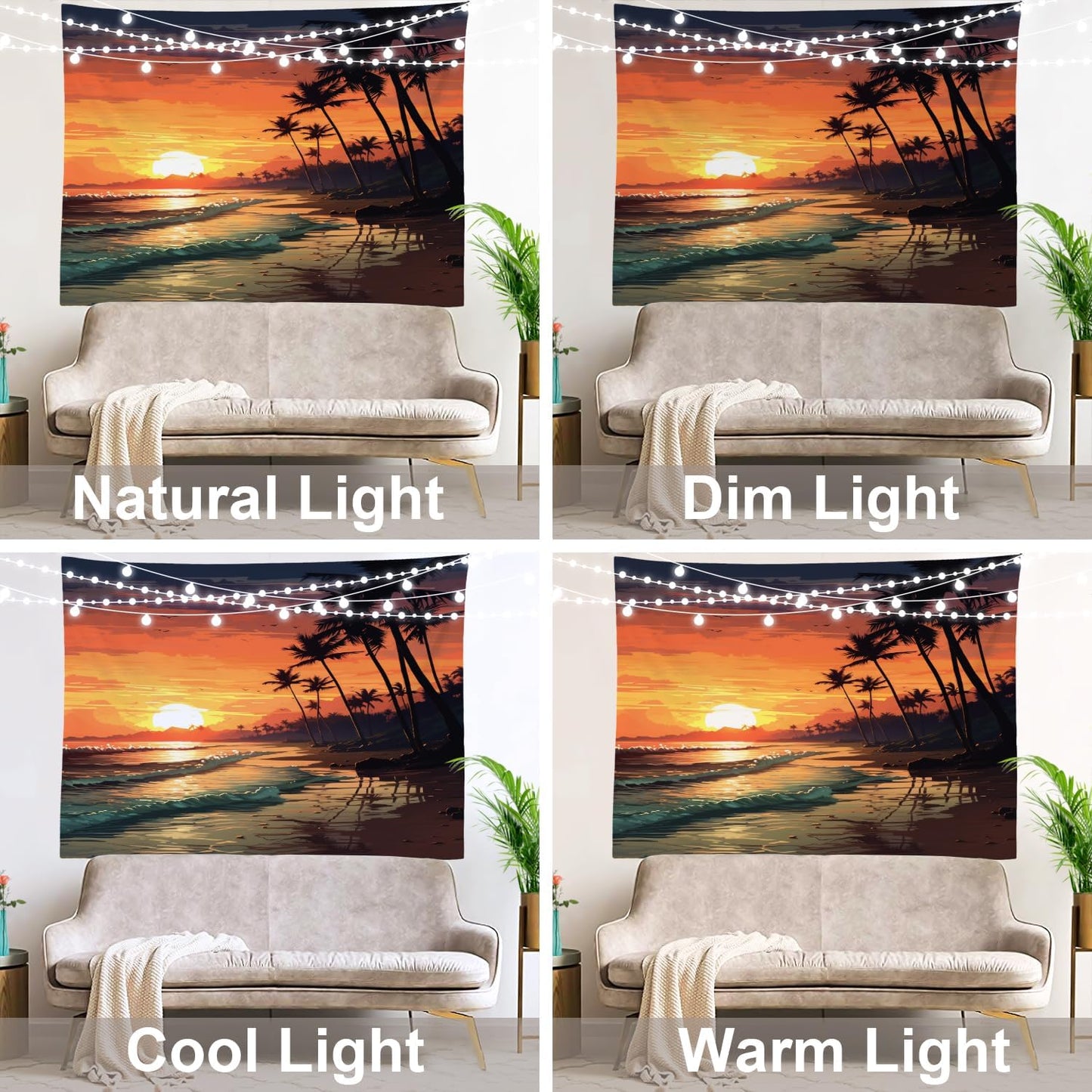 Shrahala Sunset Beach Wall Tapestry, Tropical Seaside Scene Wall Hanging Large Tapestry Decoration Polyester Fiber White Hem Around For Dorm Room Bedroom 59.1 X 82.7 In