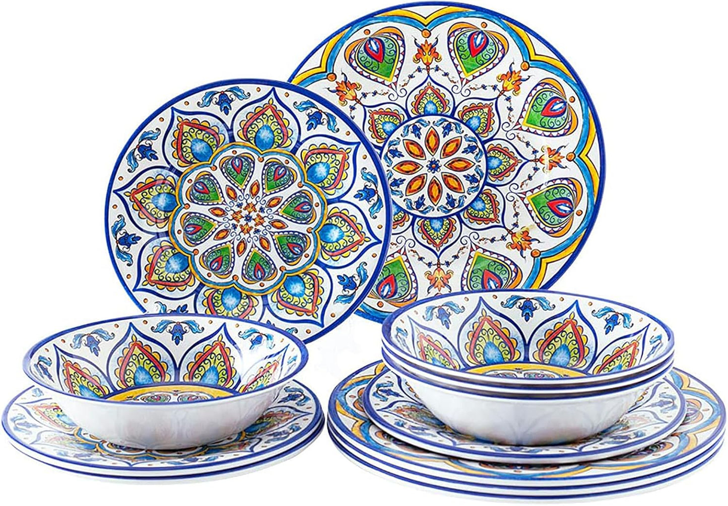 Melamine Dinnerware Set, 12 Pcs Dinner Plates Bowls Sets for Indoor and Outdoor Use, Durable Unbreakable Dishes Sets, Dishwasher Safe, BPA Free, Service for 4