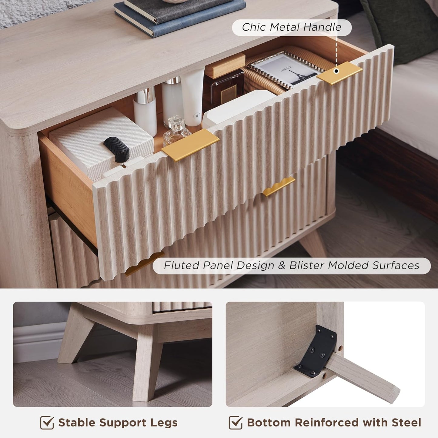T4TREAM 32" Tall Fluted Nightstand, Modern Side Table with 3 Drawers, End Table w/Storage, Bedside for Bedroom, Living Room, Curved Profile Design, White Alder