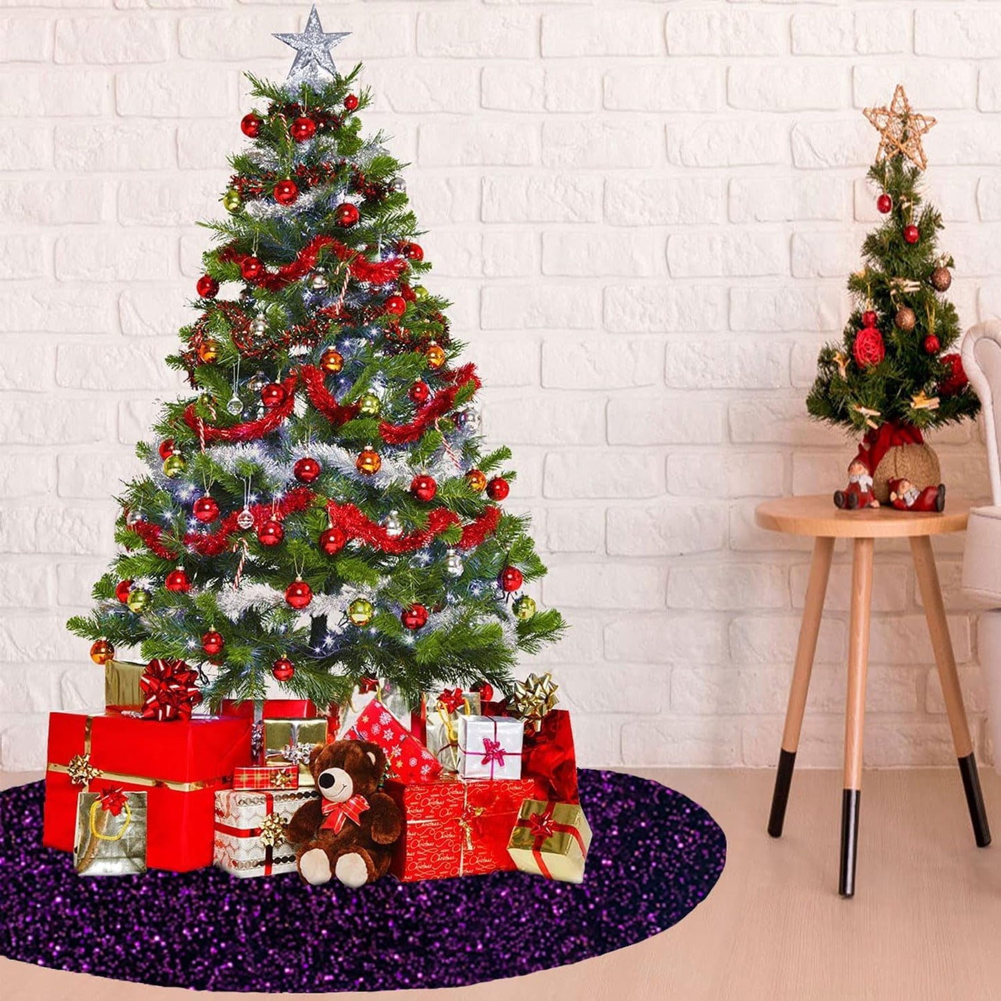 MODFUNS Purple Xmas Tree Skirt Sequin Christmas Tree Skirt 60 Inch Velvet Tree Mats Glitter Fabric Large Tree Skirts for Christmas Tree Base Cover Halloween Party Tree Skirt for Christmas Day Holiday