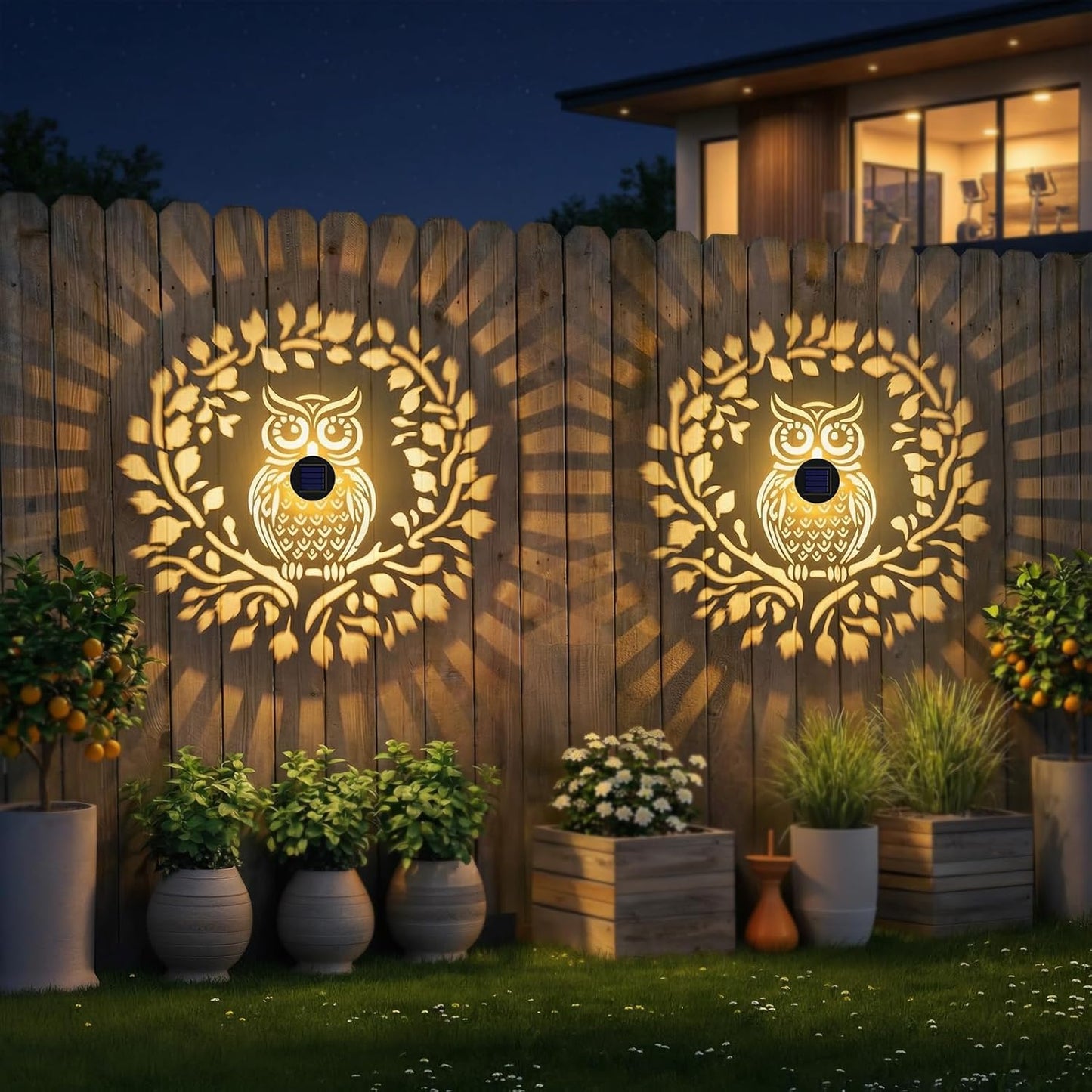 Solar Fence Lights Outdoor 2 Pack — Owl-Themed Metal Waterproof LED Warm Light for Garden, Patio & Yard (Black)