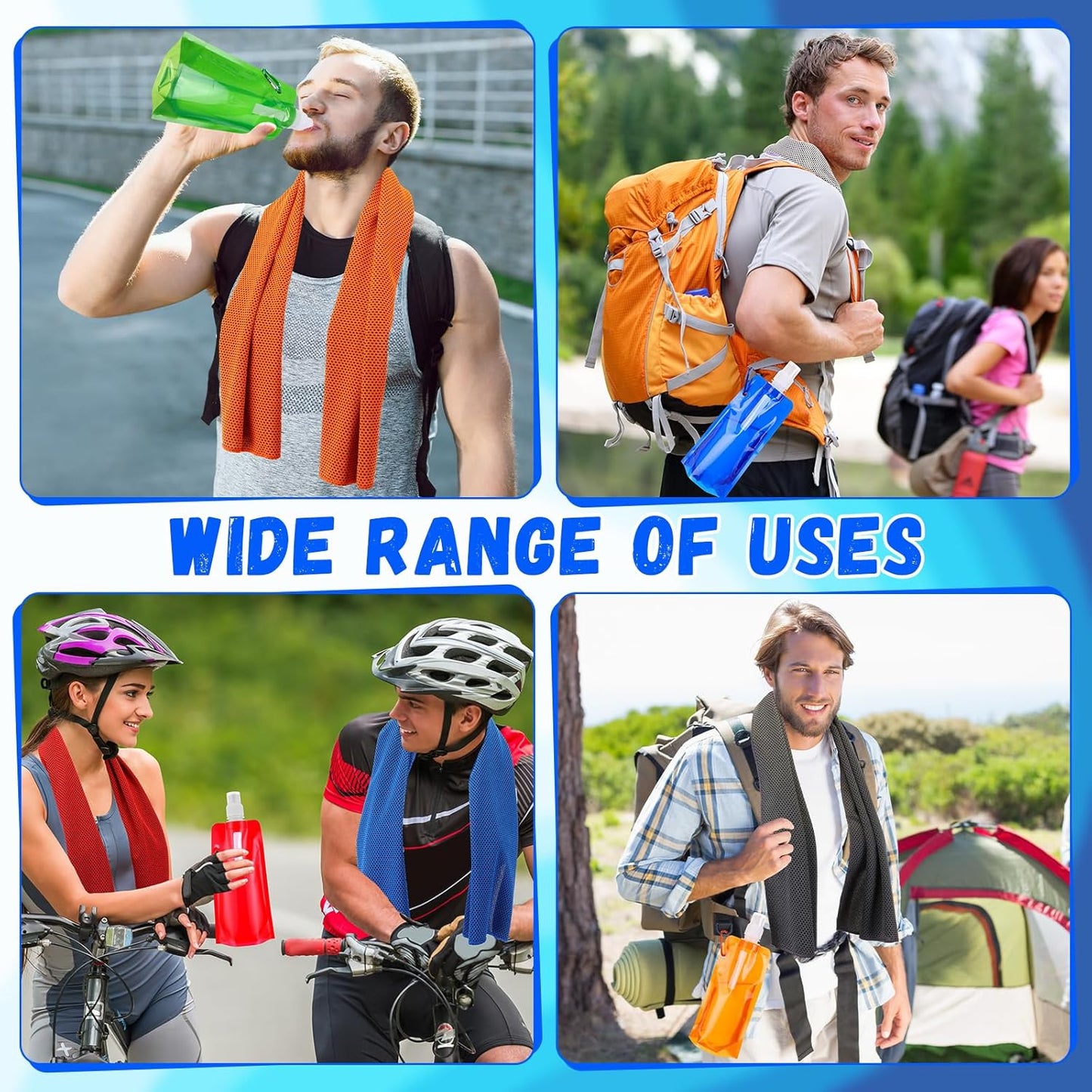 Teenyyou 48 Collapsible Water Bottles Bulk 16 oz with Carabiner Clip Cooling Towels 40'' x 12'' Reusable Leak Proof Water Bottles Mixed Color Ice Towel for Sports Biking Hiking Outdoor (6 Colors)