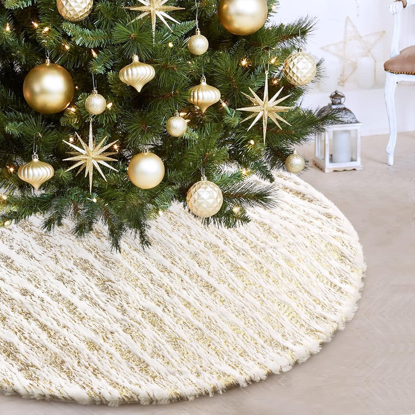Christmas Tree Skirt, Large White&Gold Bronzing Luxury Faux Fur Tree Skirt Soft Thick Plush Xmas Tree Skirt for Family Holiday Christmas Party Tree Decorations(Gold,36inch/90cm)