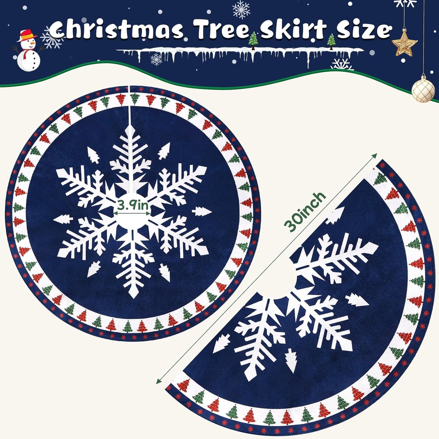 MACTING Christmas Tree Skirt, 30 Inch Round Blue Polyester Christmas Tree Skirts with Big Snowflake and Christmas Tree Printed for Holiday Party Rustic Xmas Tree Decoration