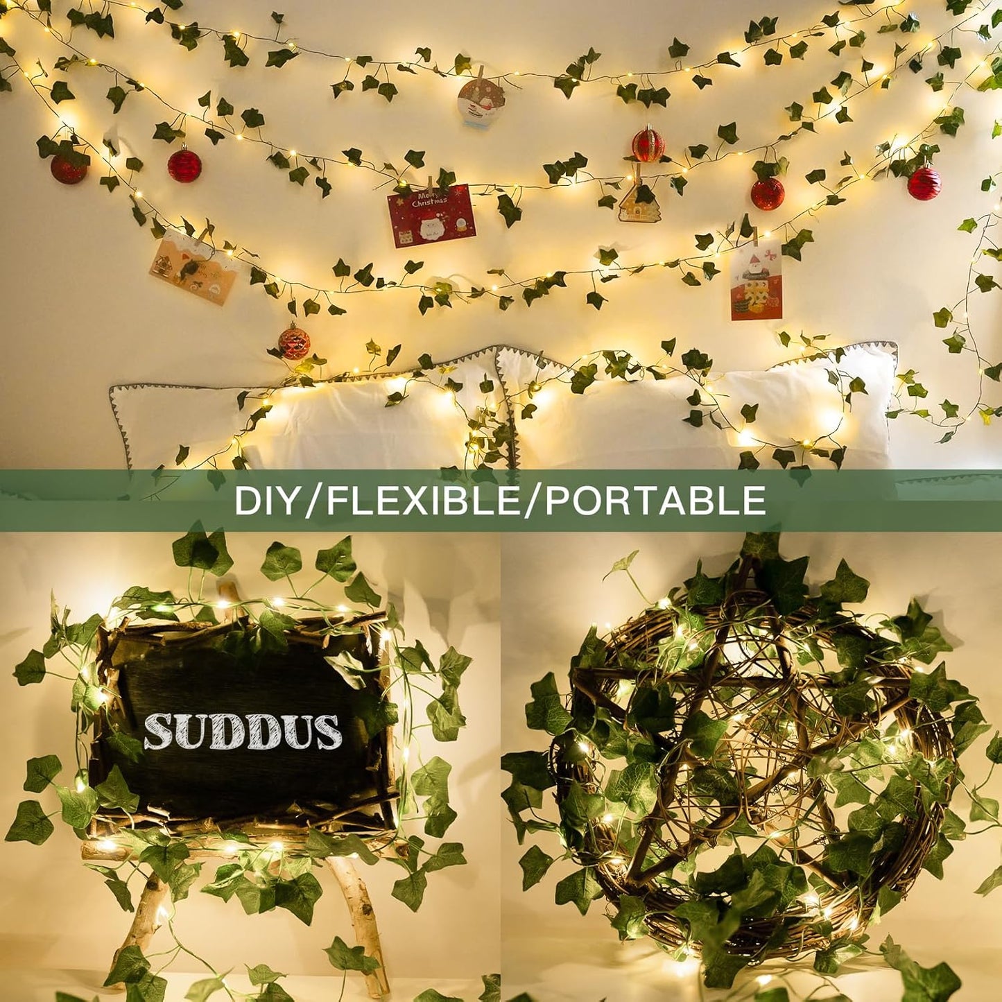 suddus Vine with Fairy Lights Battery Operated, 33ft 100 LED Ivy String Lights with Remote, Leaf Lights for Bedroom, Room, Wall, Garden, Party, Wedding Decor (Warm White)