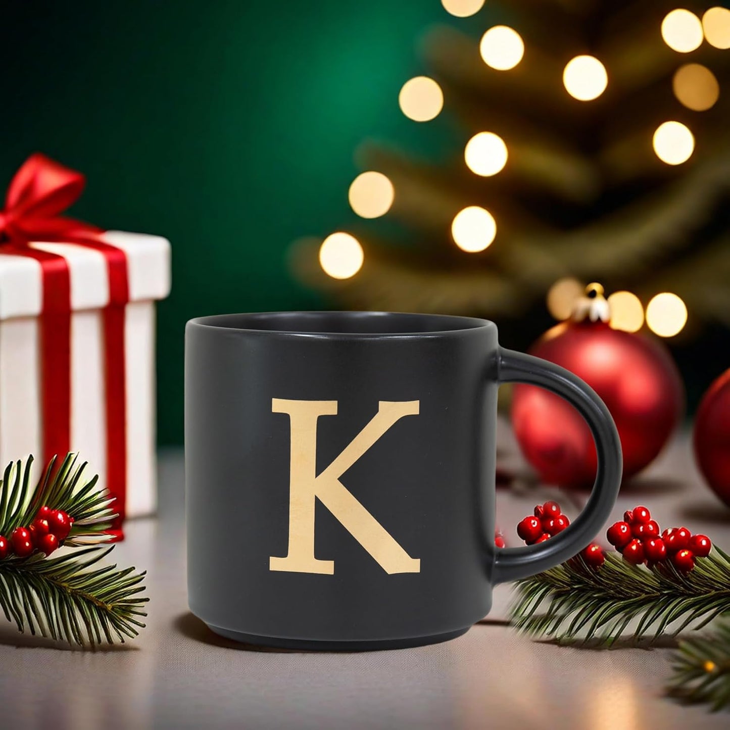 COLLECTIVE HOME - Monogram Ceramic Mugs, 15 oz Golden Initial Black Coffee Cups, Elegant Alphabet Tea Mugs, Elegant Personalized Mug with Gift Box, Unique Mug with Double Side Capital Lette (K)