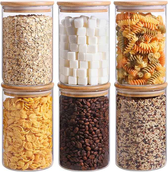 ComSaf 1 Qt Glass Storage Containers with Lids, Glass Jars with Lids, Clear Food Storage Jar, Round Canister Set of 6, Pantry Organizers for Cookie Pasta Flour Rice Tea Coffee Bean
