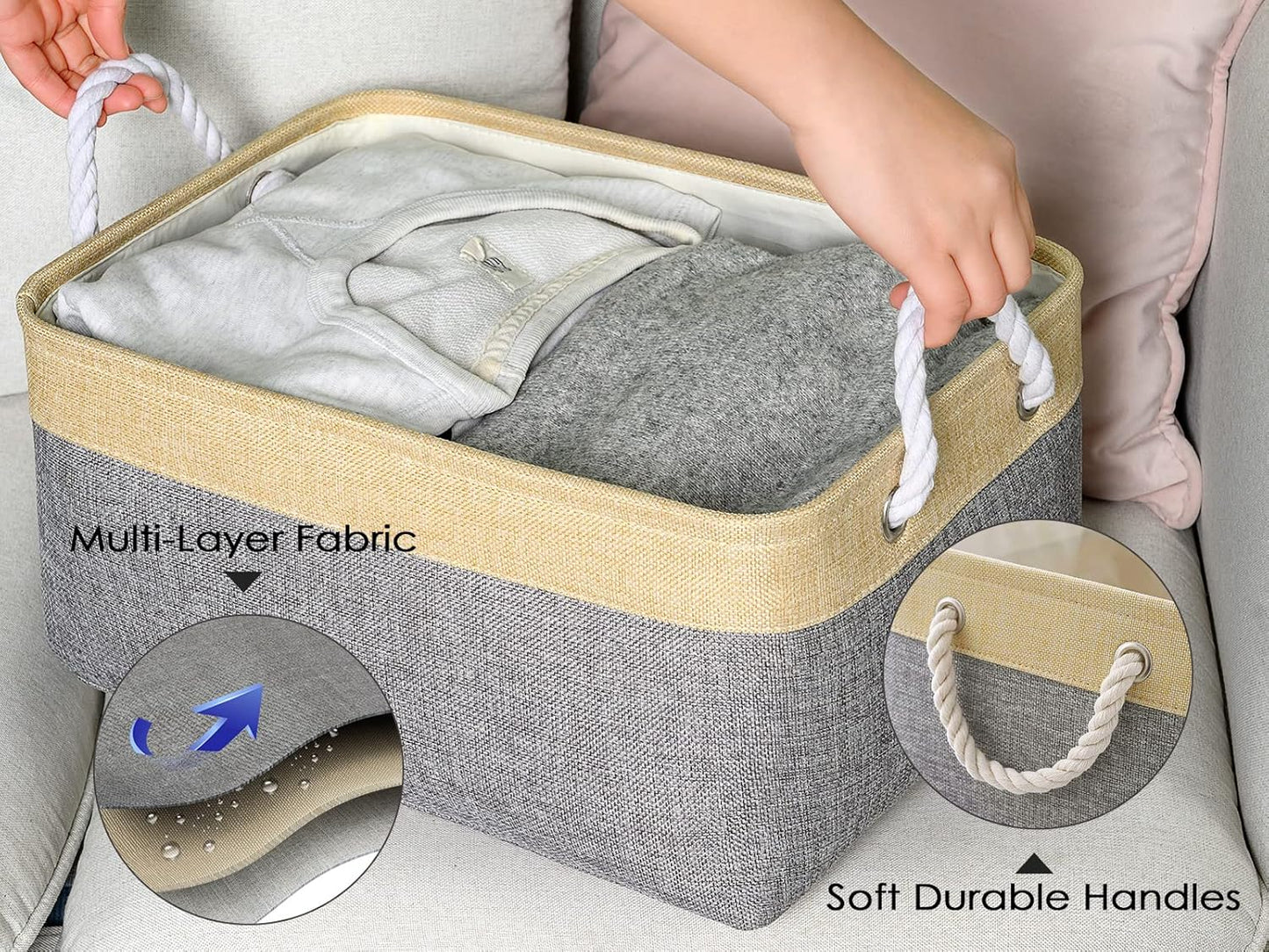 TheWarmHome Storage Basket for Organizing - 3 Pack 14x10x7 inch Large Collapsible Storage Bin for Shelves, Fabric Storage Cubes for Organizer ClosetCloth Gift Toy (Grey & Gold)