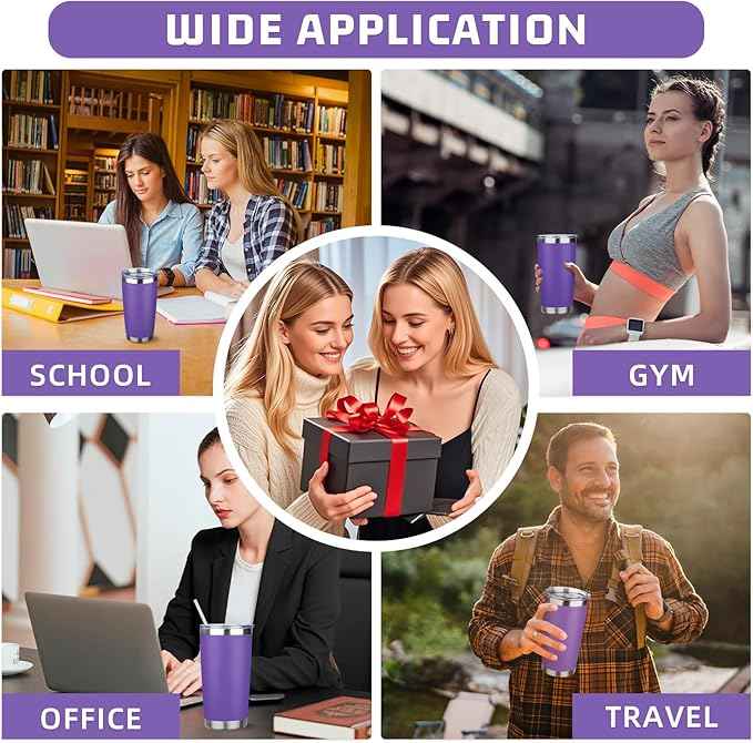20 oz Tumbler with Lids and Straws, Stainless Steel Insulated Travel Coffee Mug, Double Wall Vacuum Insulated Tumblers, Powder Coated Coffee Tumbler for Cold & Hot Drinks (Purple)