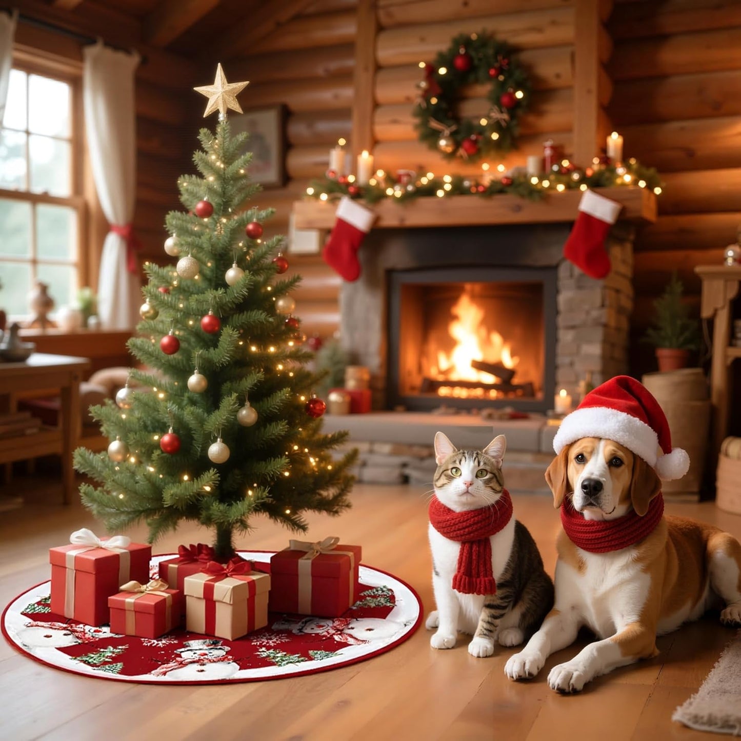 Christmas Tree Skirt 48 Inches Red Xmas Soft Cover Mat Decor Retro Xmas Tree Skirt for New Year Holiday Ornaments Indoor Outdoor Decorations (Snowman Pattern)