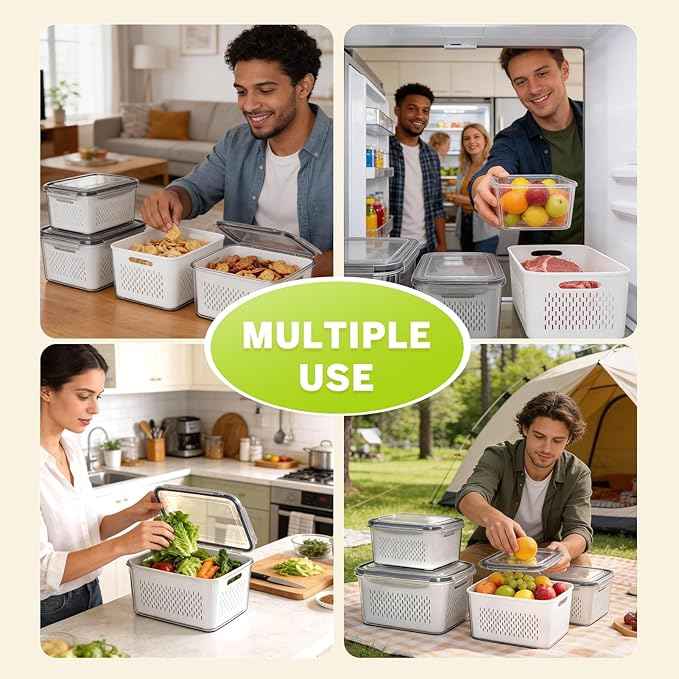 HOMETALL 8 Pack Fruit Storage Containers for Fridge, Fridge Organizers and Storage with Colander, Dishwasher & Microwave Safe Produce Containers Keep Fruits, Vegetables, Berry, Meat Fresh Longer