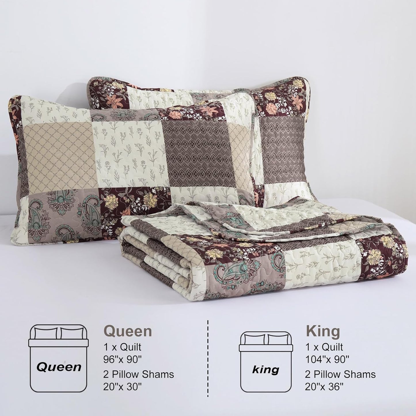 Xruibed Floral Plaid Patchwork Fall Quilt Set Queen Size 3 Pieces Taupe Beige Khaki Bedspread Set Reversible Quilt Bedding Set Microfiber Bedding Bedspread Coverlet Set for All Season(Queen 96"x90")