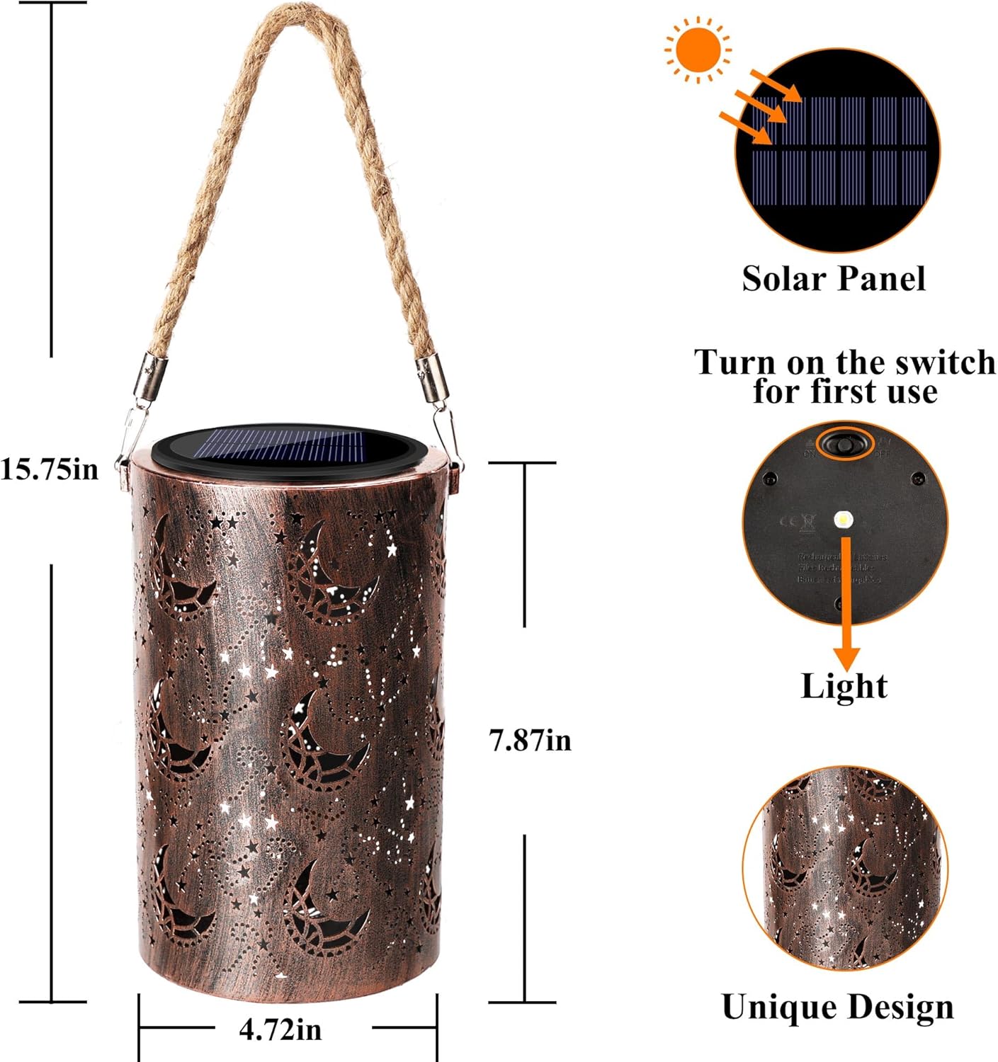 Toodour Solar Lantern Outdoor, Hanging Solar Outdoor Lights Garden Decor, Waterproof Hollow Out Retro Metal Moon Decorative Lights for Patio, Balcony, Yard, Walkway, Landscape, Outdoor Decor