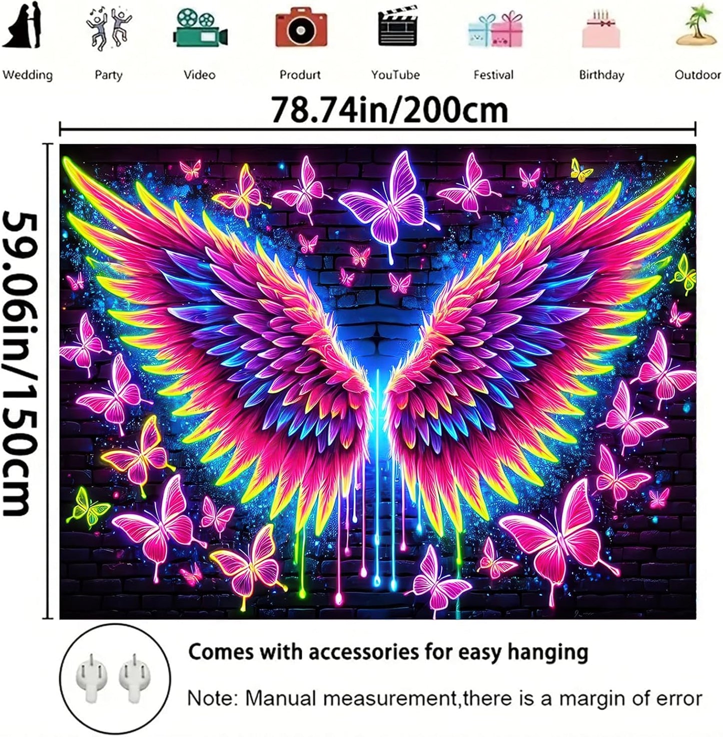 Starlit Patio Blacklight Angel Wings Tapestry UV Reactive Glow in The Dark Butterflies Wall Hanging Trippy Fluorescent Neon Art Poster for Bedroom Living Room Dorm Aesthetic Decor 78 x 59 Inches