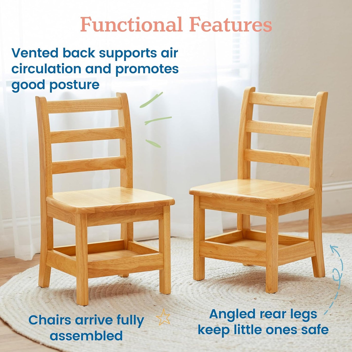 ECR4Kids Three Rung Ladderback Chair with Storage, 12in Seat Height, Classroom Seating, Honey, 2-Pack