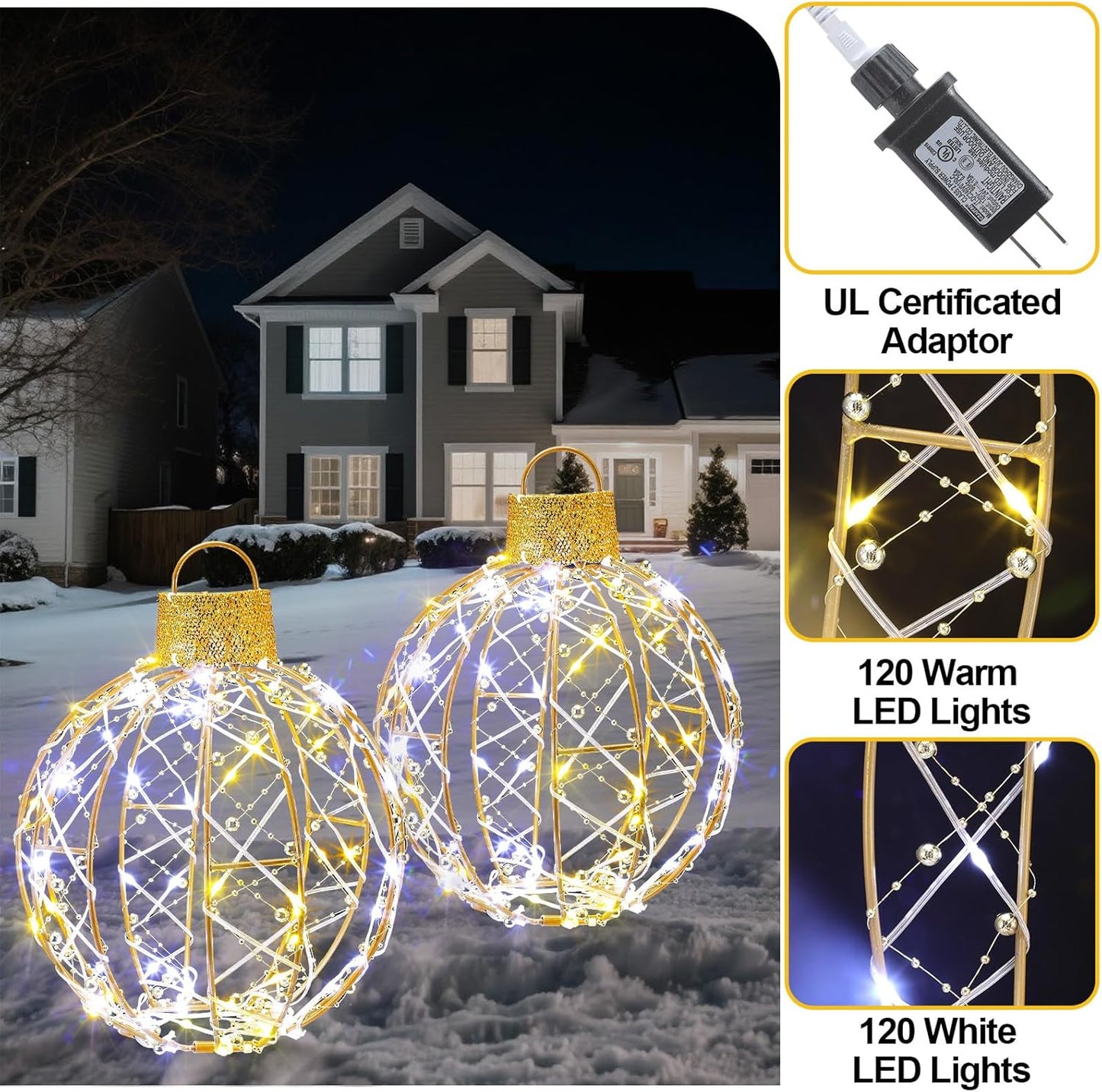 Mudder 2 Pack Christmas Light Balls Outdoor Sphere Lights 12" Hanging LED Holiday Ornaments with 120 Warm and White Lights Waterproof Large Christmas Balls for Outdoor Porch Patio Xmas Decor