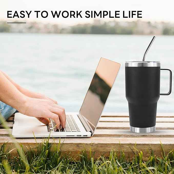 30 oz Tumbler With Handle, Double Wall Stainless Steel Vacuum Insulated Travel Mug with Splash-Proof Lid Metal Straw and Brush (Black)