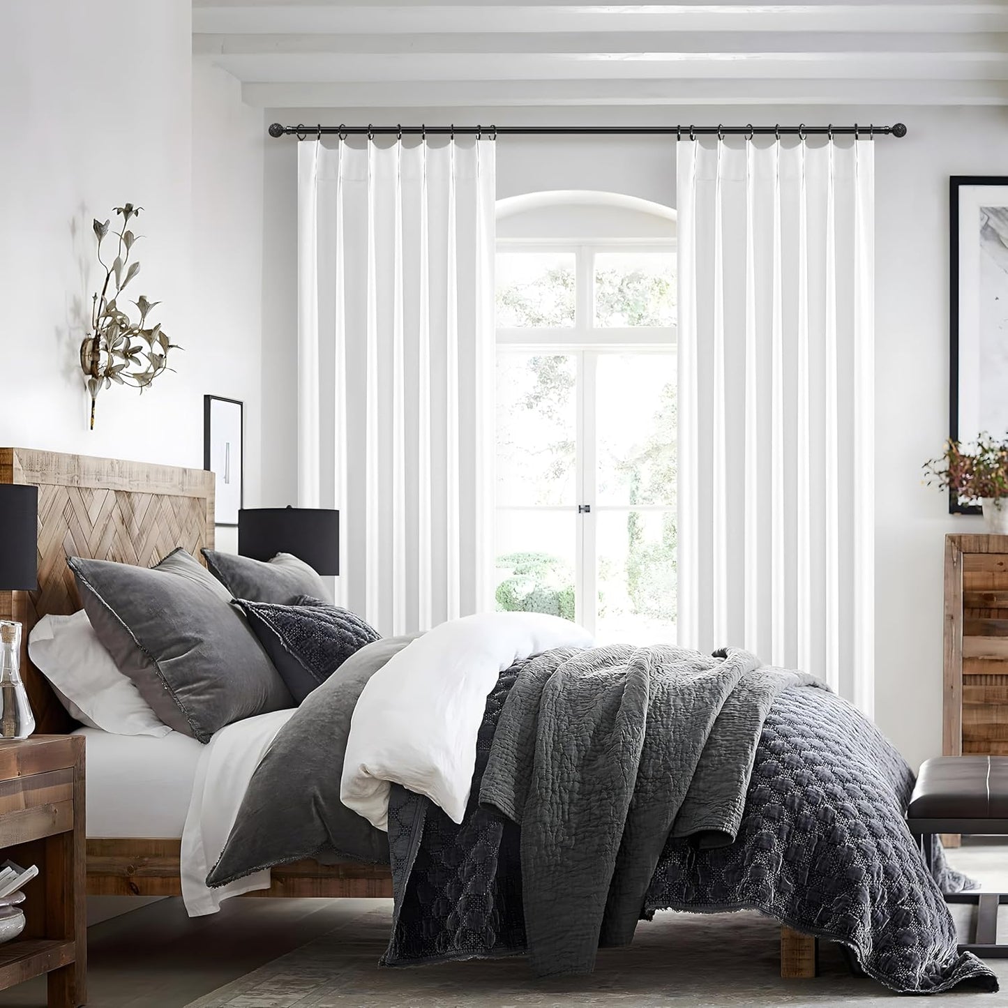 Unique Bright White Blackout Linen 92 Inch Curtains 2 Panels Set for Kids Room / Nursery, Rustic Farmhouse Pinch Pleated Insulated Drapes Room Darkening Privacy Burg for 90 - 92 Inches Large Windows