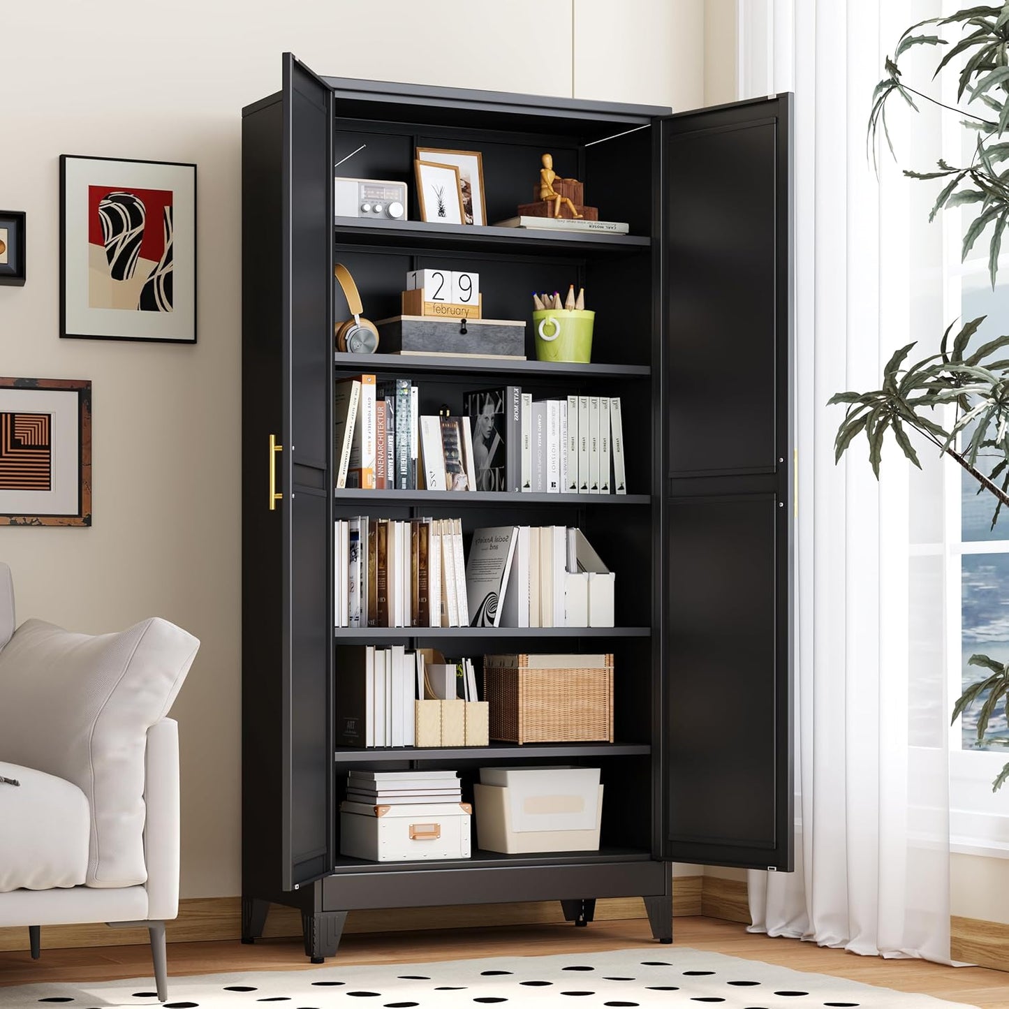 Kitchen Pantry Storage Cabinet with Doors and Adjustable Shelves, Metal ClosetMaid Food Pantry Cabinets, 75" Tall Freestanding Cupboard for Kitchen, Laundry or Utility Room, Black - Lumora Casa