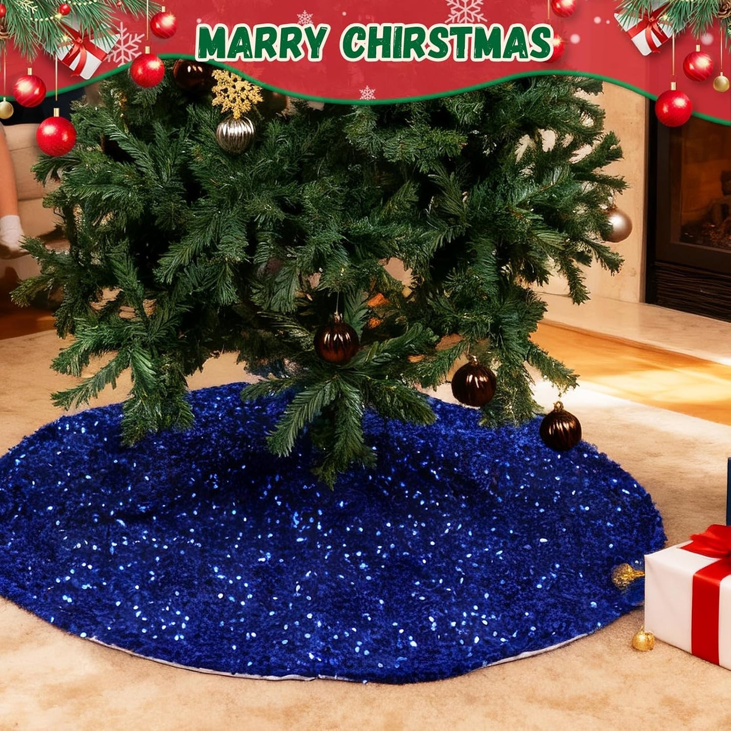 Christmas Tree Skirt 48 Inch, Blue Sequin Christmas Trees Skirt, Large Sparkle Xmas Tree Stand Base Used for Christmas Holiday Indoor Home Decoration