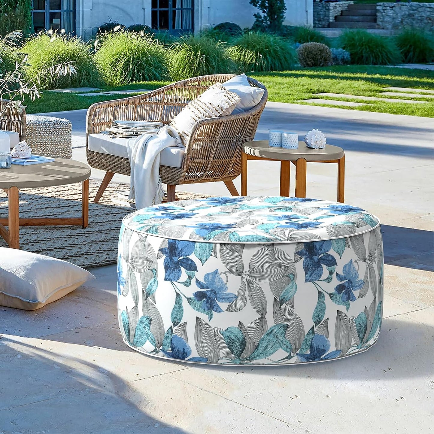 LVTXIII Outdoor/Indoor Inflatable Ottoman, All Weather Round Footrest Stool with Handle D31”x H14”, Portable Pouf for Patio Garden Camping or Home Decoration, Clemens Noir Blue