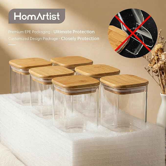 HomArtist 27oz - 4 Pack Square Glass Jars with Bamboo Lids, Glass Food Storage Containers with Airtight Lids for Kitchen, Air Tight Pantry Storage Containers