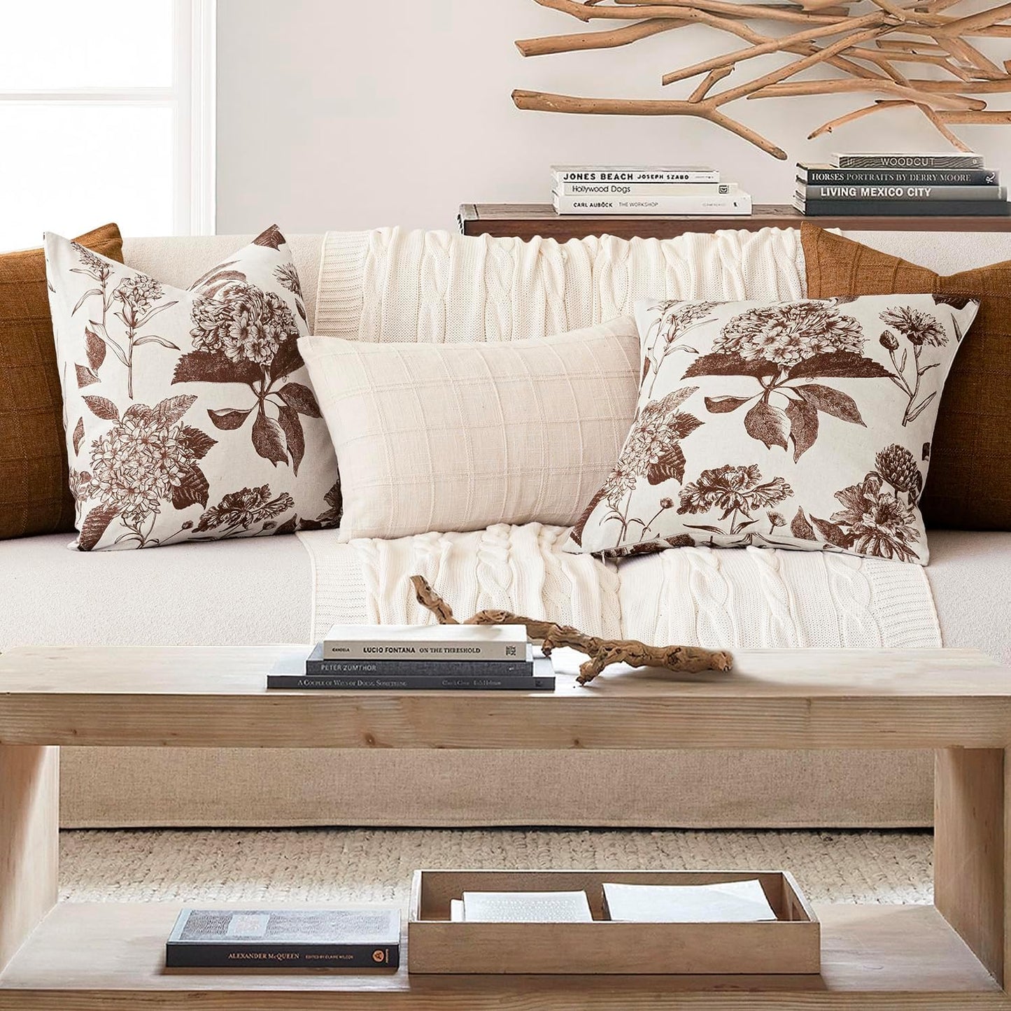 Foindtower Set of 2 Linen Floral Throw Pillow Covers Vintage Accent Print Decorative Cushion Covers Farmhouse Boho Home Decor for Sofa Chair Couch Bedroom Living Room Outdoor,22×22 Inch,Dark Brown