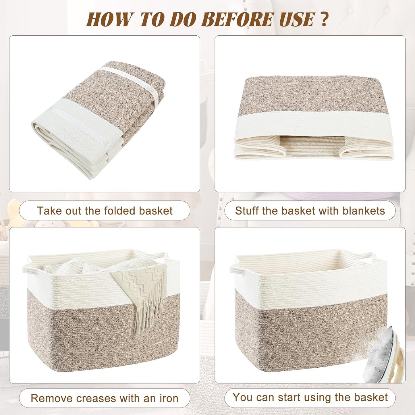 Large Blanket Basket, 60L Storage Baskets for Organizing, Woven Laundry Basket for Blankets, Cotton rope Blanket Storage for Living Room, Nursery Room, 19.7" L x 15.74" W x 11.8" H, Brown
