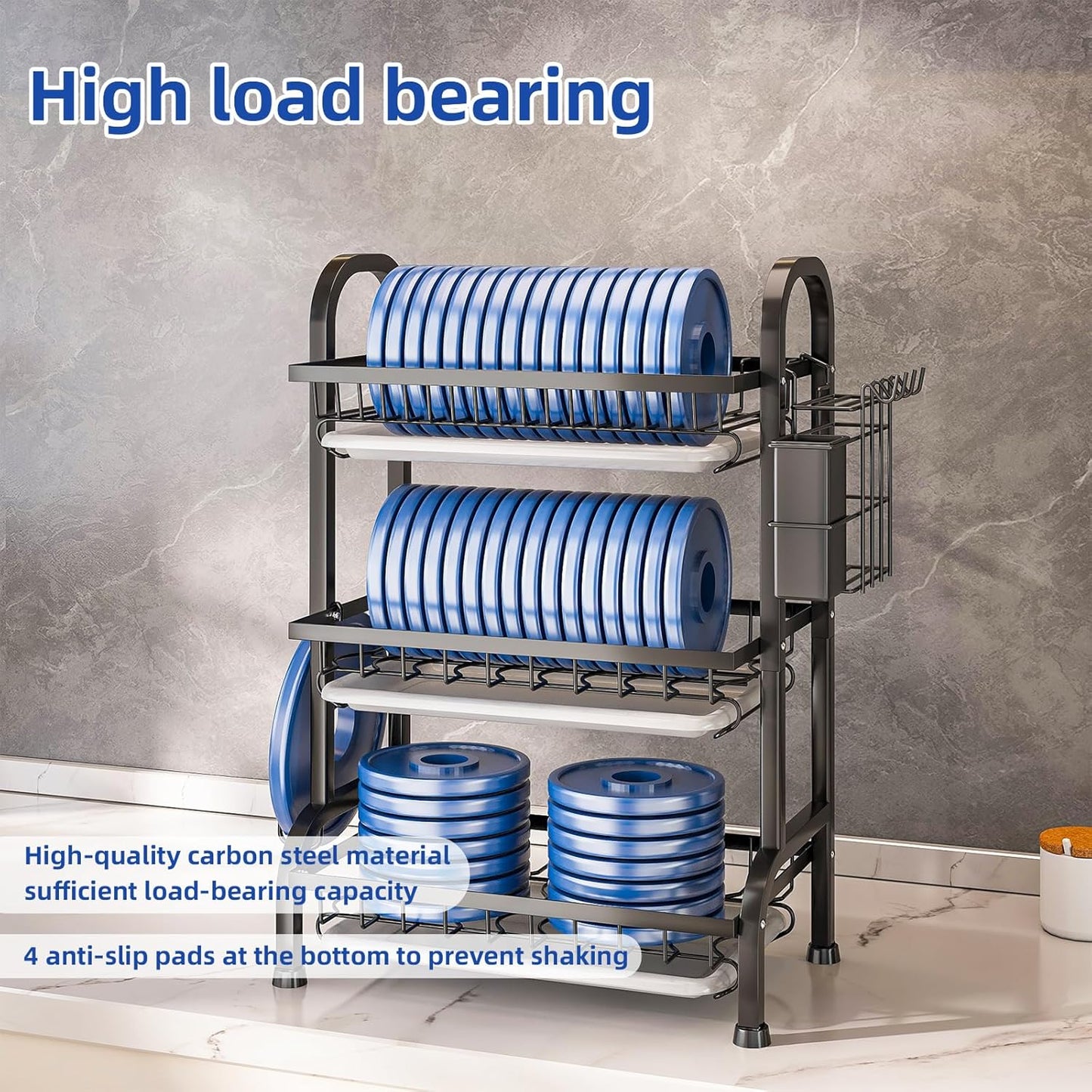 Dish Drying Rack 3 Tier Large Capacity Kitchen Dish Draining Rack Countertop Cultery Drainer with Drip Tray