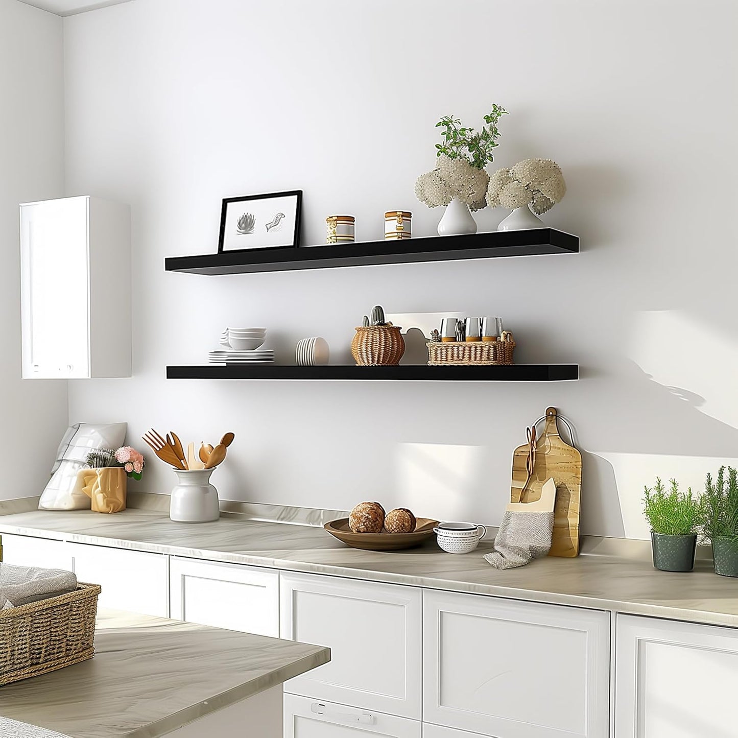 48 Inch Floating Shelves for Wall Rustic Black Wood Wall Shelves for Bedroom Set of 4