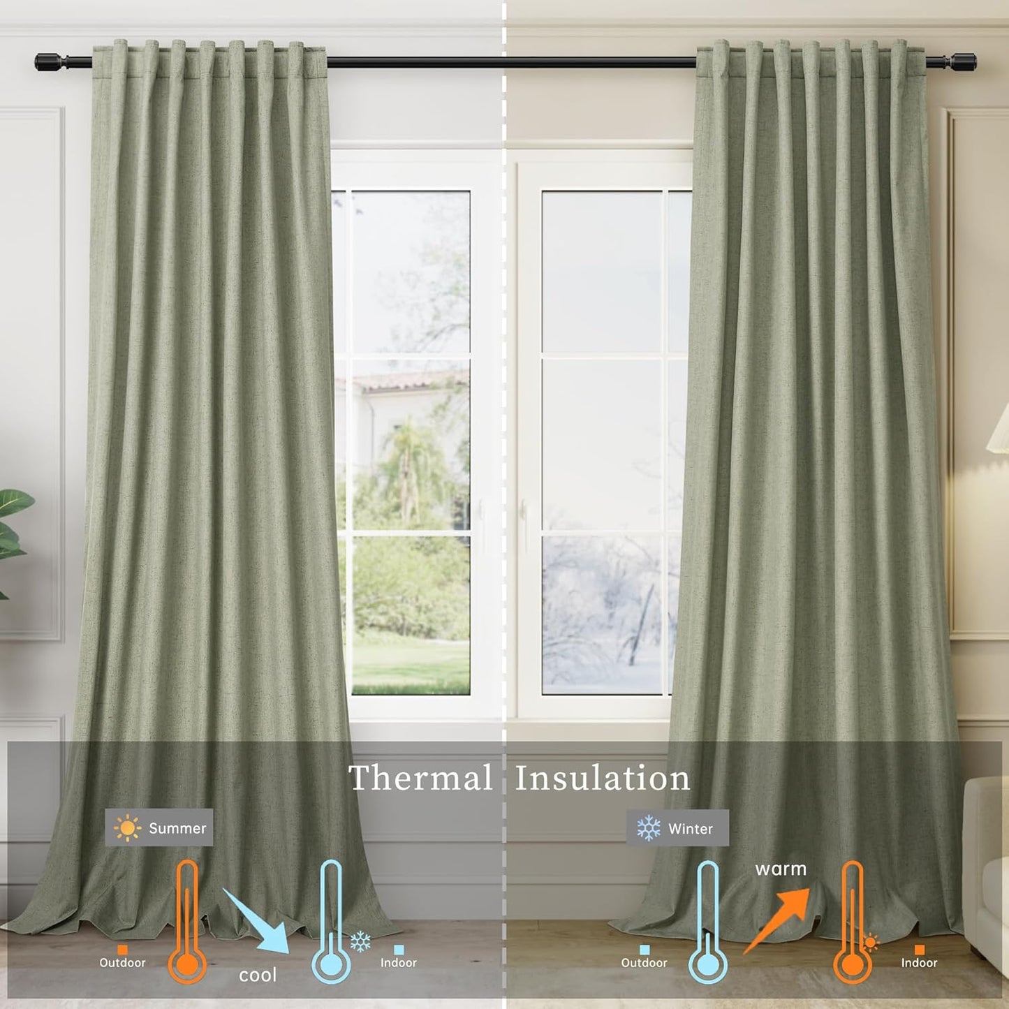 Sage Green Black Out Curtains 100 Inch Length Linen Textured Thermal Insulated Room for Bedroom Living Room Back Tab Rod Pocket Modern Farmhouse Home Window Decor Darkening Curtains 2 Panels Set