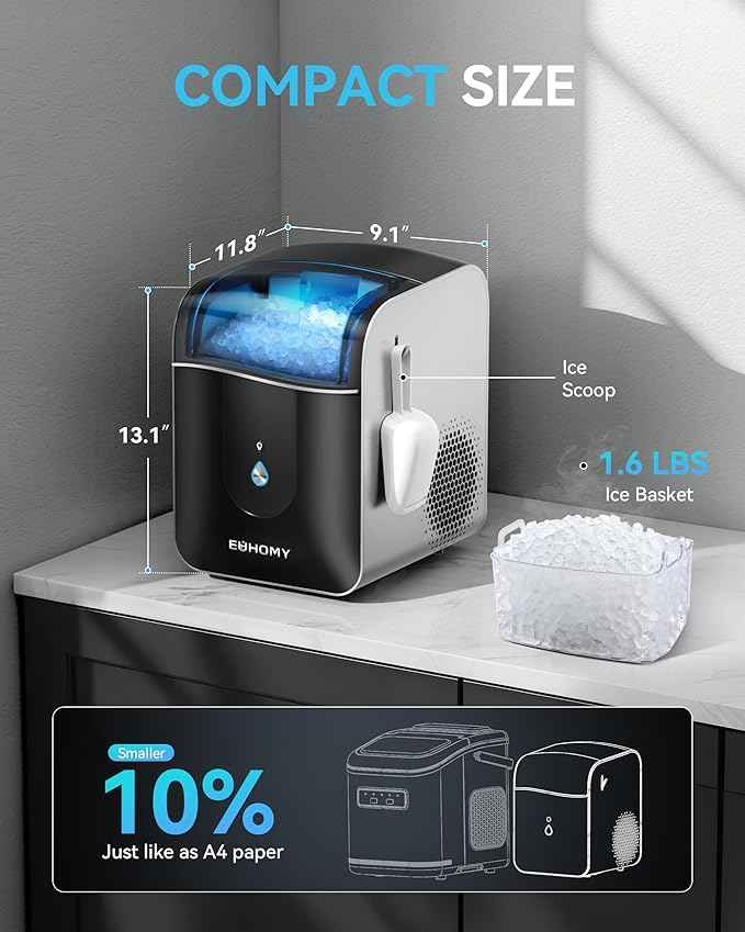 EUHOMY Smart Nugget Ice Maker Countertop, Sonic Ice Maker Machine with APP Control, Ready in 7 Mins, 40lbs/24H, Self-Cleaning, Portable Pebble Ice Makers with Hanging Ice Scoop for Home/Kitchen/Office