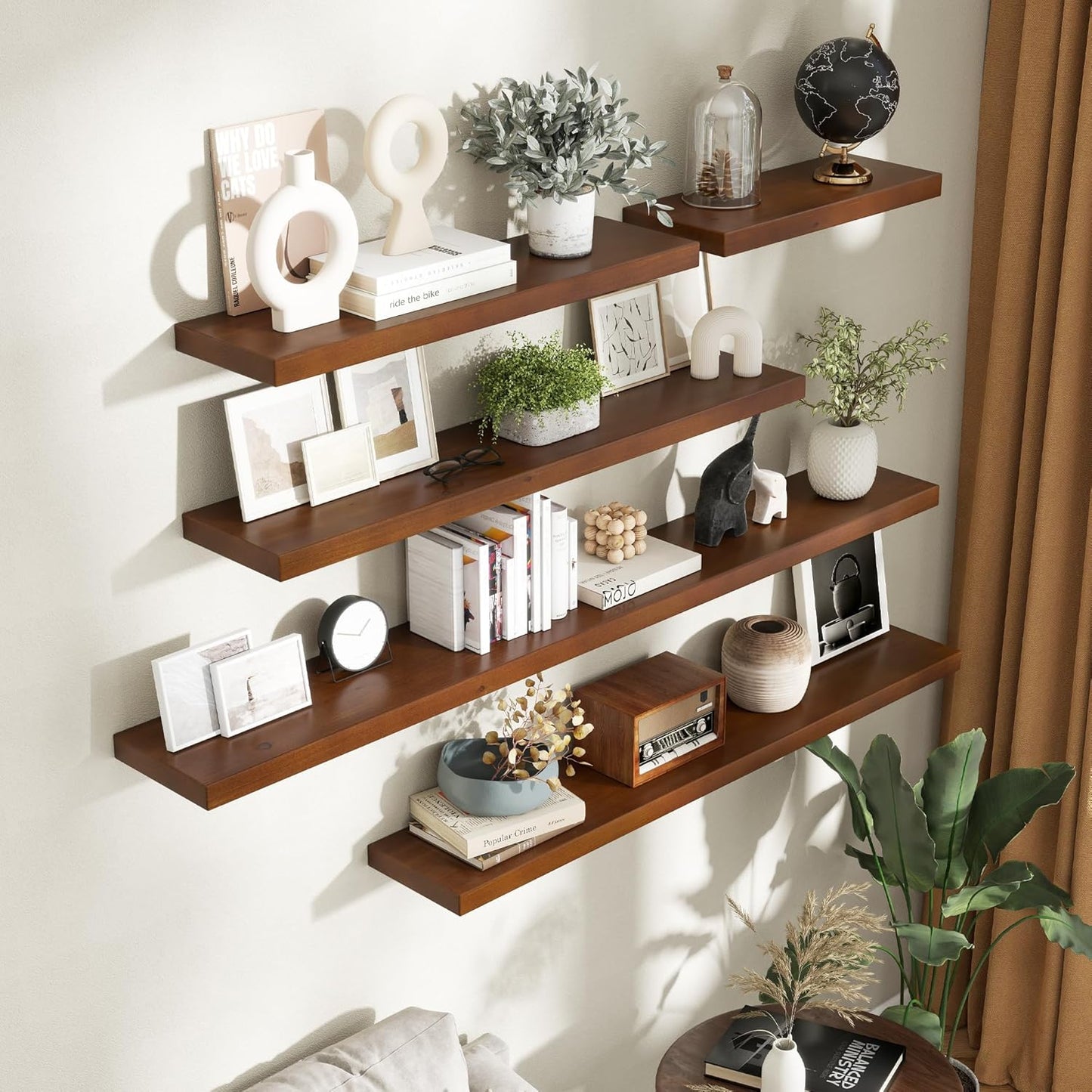 Axeman 55 Inch Floating Shelves for Wall, 9.3" Deep High End Solid Real Wood Wall Shelves with Heavy Duty Invisible Bracket for Living Room, Bedroom, Kitchen, Bathroom, Set of 1, Walnut Finish