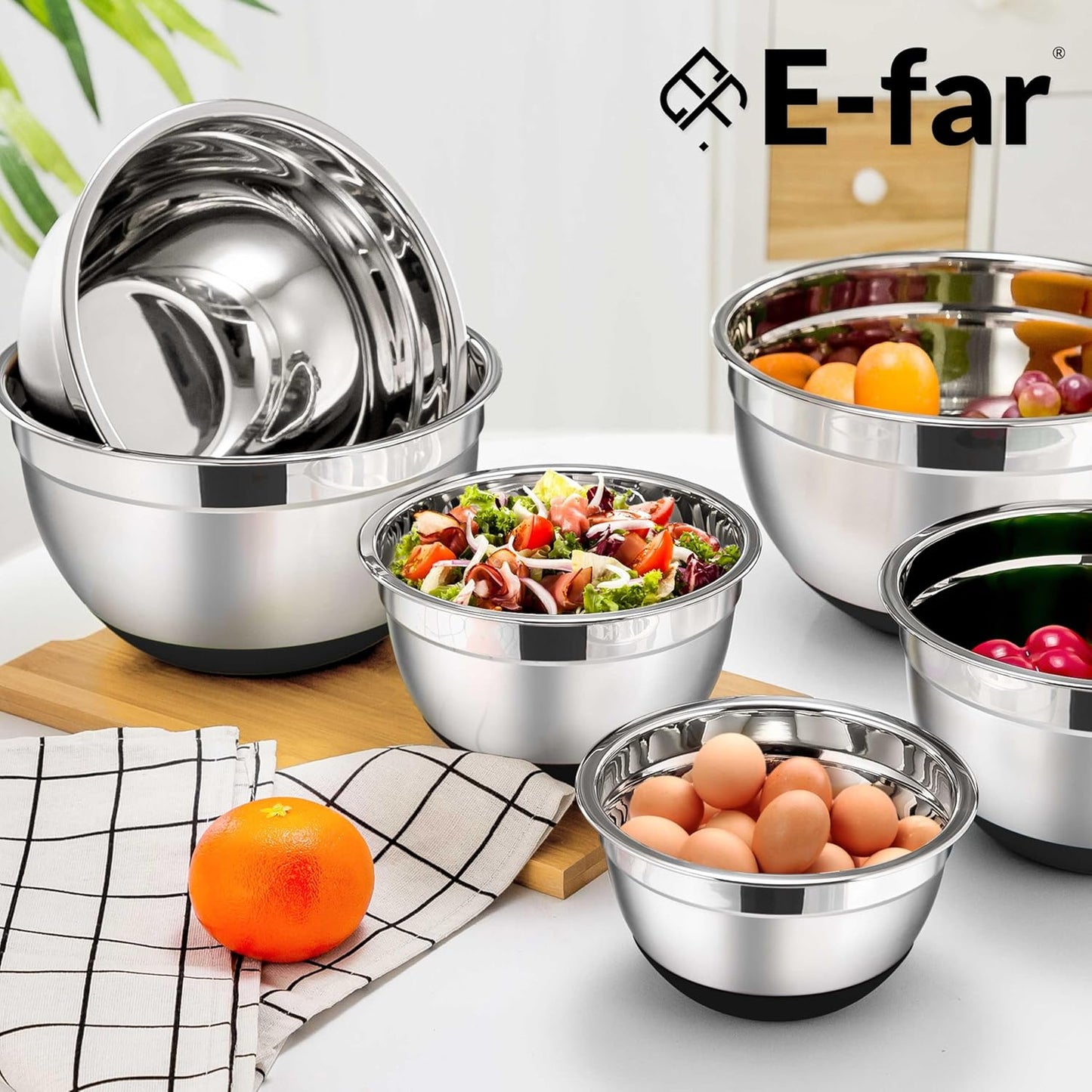 E-far Stainless Steel Mixing Bowls with Lids Set, 5-Piece Nesting Salad Bowls with 3 Grater Attachments and Non-Slip Bottoms, Size 4.6, 2.6, 2, 1.5, 1QT for Kitchen (Black)