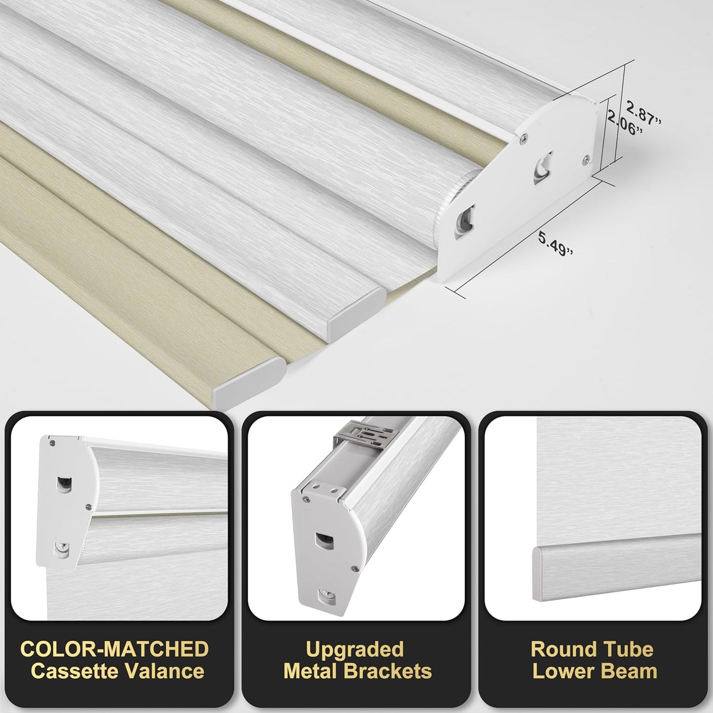 BERISSA Cordless Dual Roller Shades with Cassette Valance,Double Window Shades Blackout and Light Filtering Shades,Day and Night Roller Shades for Home Office Door.Beige and White.74 W x 36" H