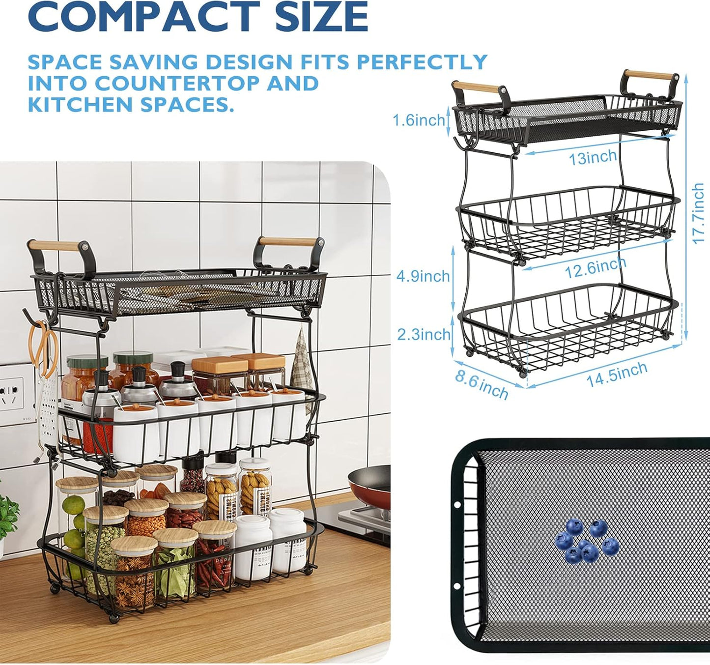 ANTOPY 3 Tier Fruit Basket with 2 Banana Hangers, Countertop Fruit Vegetable Basket Bowl for Kitchen Counter Metal Mesh Basket Fruits Stand Produce Holder Organizer for Onion Potato Bread Snack Veggie