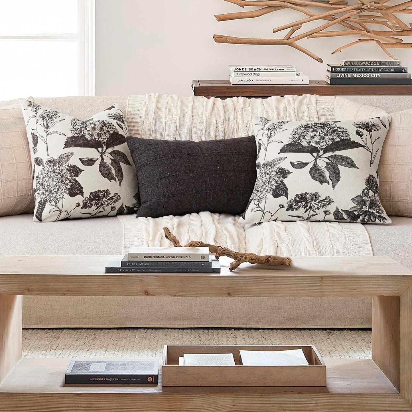 Foindtower Set of 2 Linen Floral Vintage Throw Pillow Covers Neutral Accent Print Decorative Cushion Covers Farmhouse Boho Home Decor for Sofa Chair Couch Bedroom Living Room Outdoor,18×18 Inch,Black