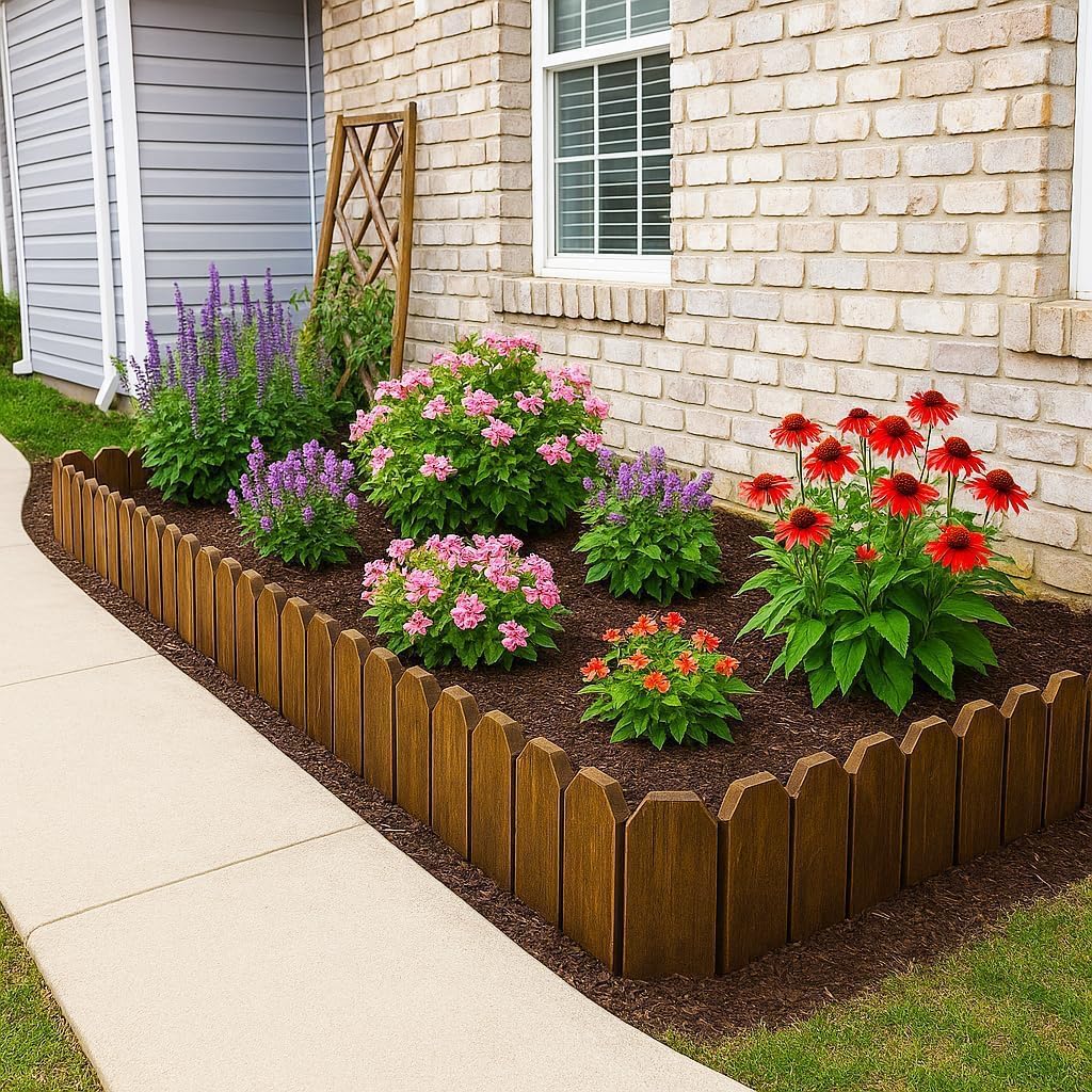 Wood Fence Border for Garden Beds – 9.8" H x 47" L Wooden Landscape Edging Panels, Rustic Decorative Outdoor Divider for Lawn, Path, and Yard Design