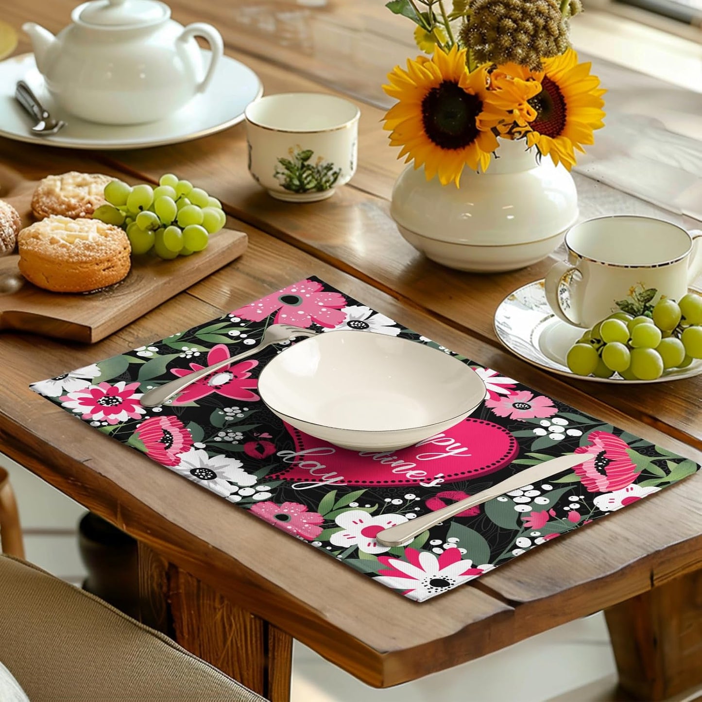 Happy Valentine's Day Placemats Set of 4 Valentine Flowers Love Heart Place Mats Pink Red White Floral Linen Table Mats Seasonal Black Placemat for Anniversary Wedding Party Kitchen Dining Decor