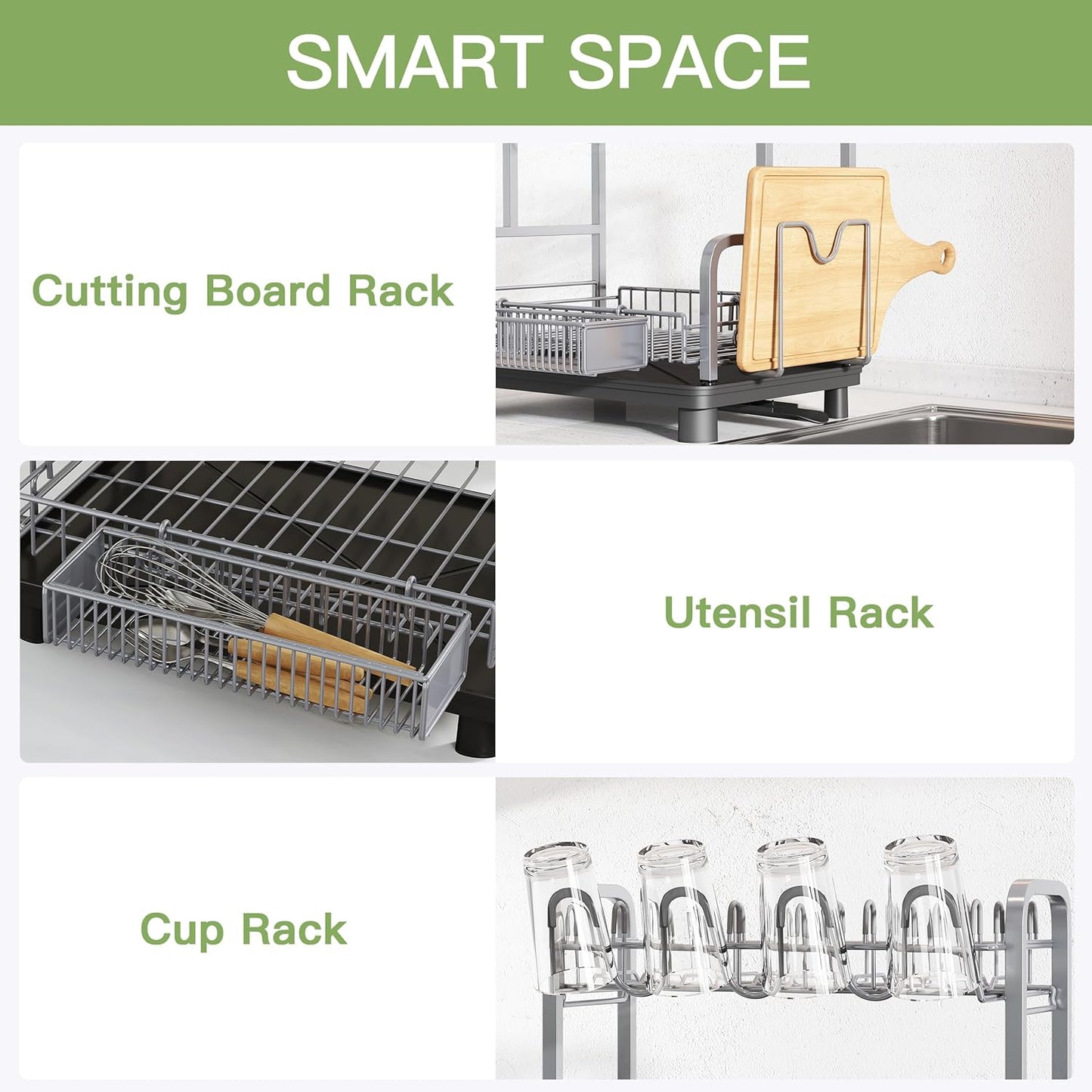 romision 2 Tier Compact Stainless Steel Dish Drainers Drying Rack for Kitchen Counter, Space Saving, Rust Proof Plate Strainers Holder On Countertop with Drainboard, Modern Gray, Small