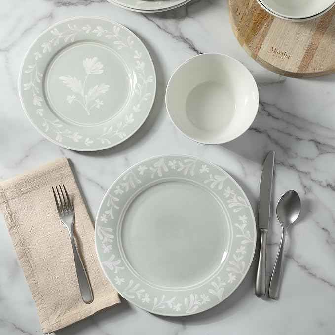 Martha Stewart Dinnerware Set - Maiden Crown 12-Piece Dish Set, Sage Green – New Bone China Ceramic Plates & Bowls – Floral Design – Service for 4 – Microwave & Dishwasher Safe