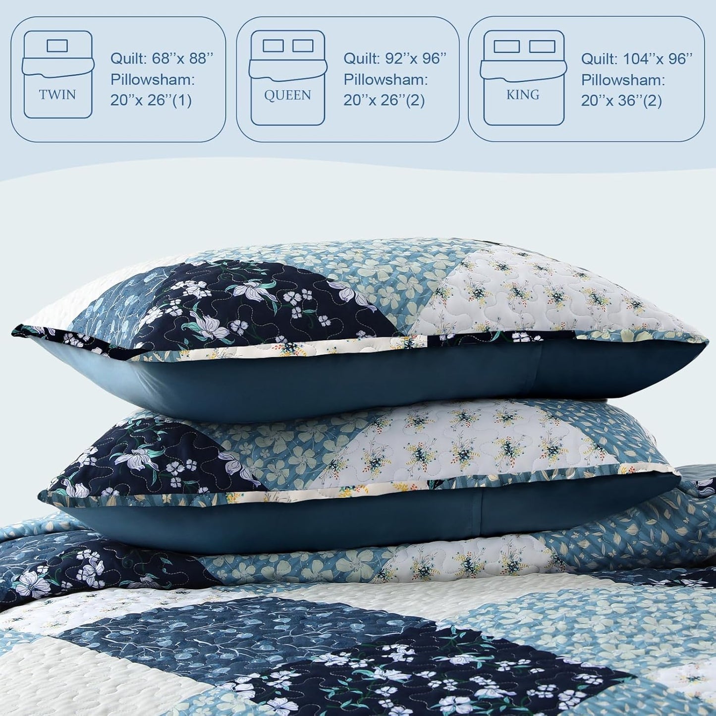 Exclusivo Mezcla Reversible Boho Quilt Set Twin Size, 2 Pieces Patchwork Blue All Season Bedspreads, Ultra Soft Floral Coverlet Bedding Set with Printed Pattern (1 Quilt, 1 Pillow Sham)