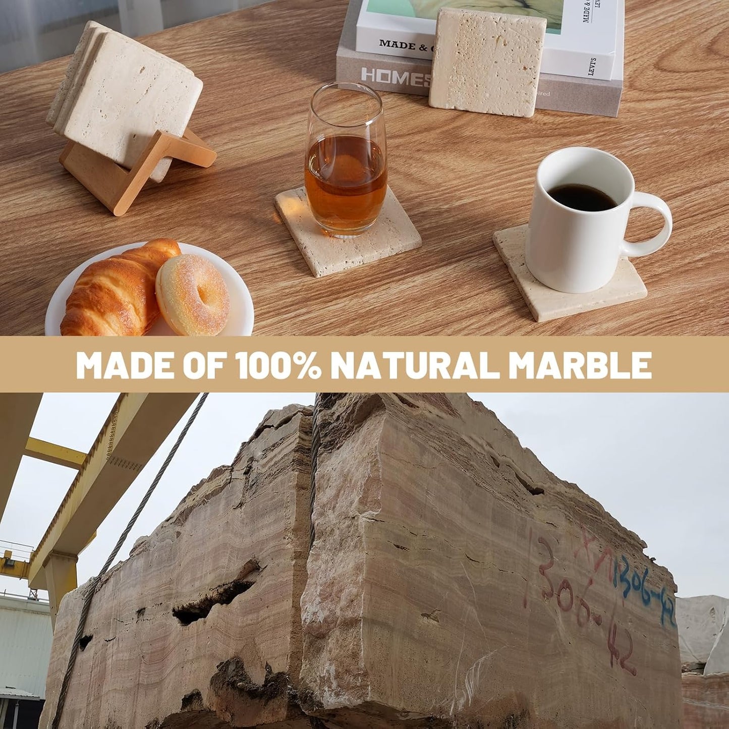 BCS Square Marble Coasters Set of 6 with Holder - Premium Travertine Drink Coasters for Coffee Table, Durable Cup Mats for Wine, Beer, Cocktails - Elegant Home & Bar Decor