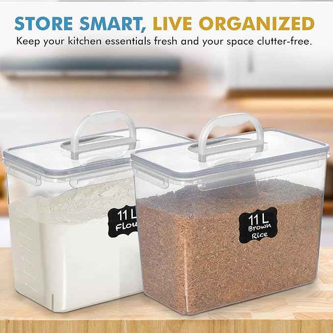 Shazo 2 PC (11L | 372 oz) Flour Sugar Storage Containers with Easy Carry Handle - Plastic Extra Large Food Storage Containers with Lids for Rice Cereal, BPA Free & Airtight Kitchen Pantry Organization